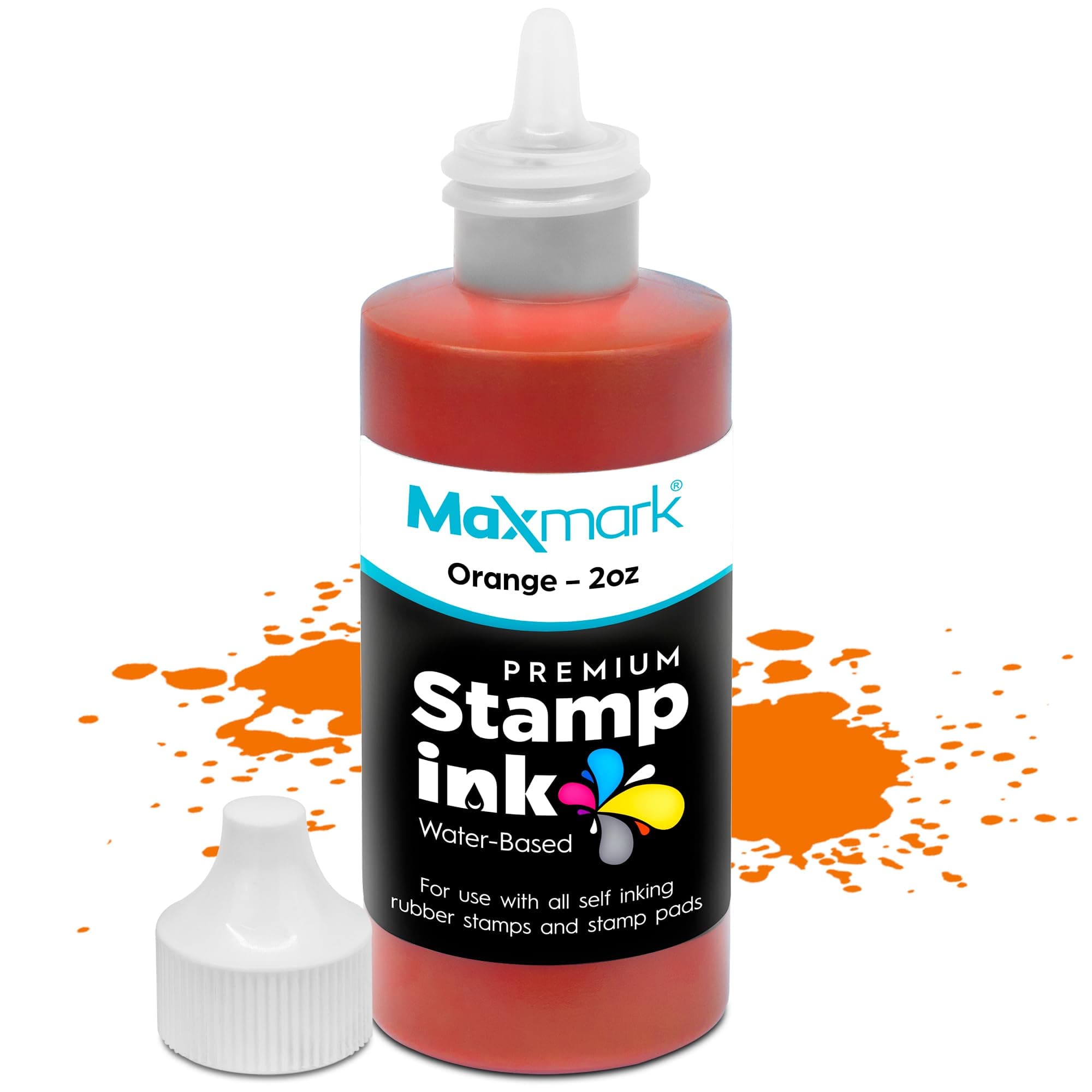 MaxMark Premium Refill Ink with Control Tip Bottle for Self-Inking Stamps, Orange Color - 2 oz.
