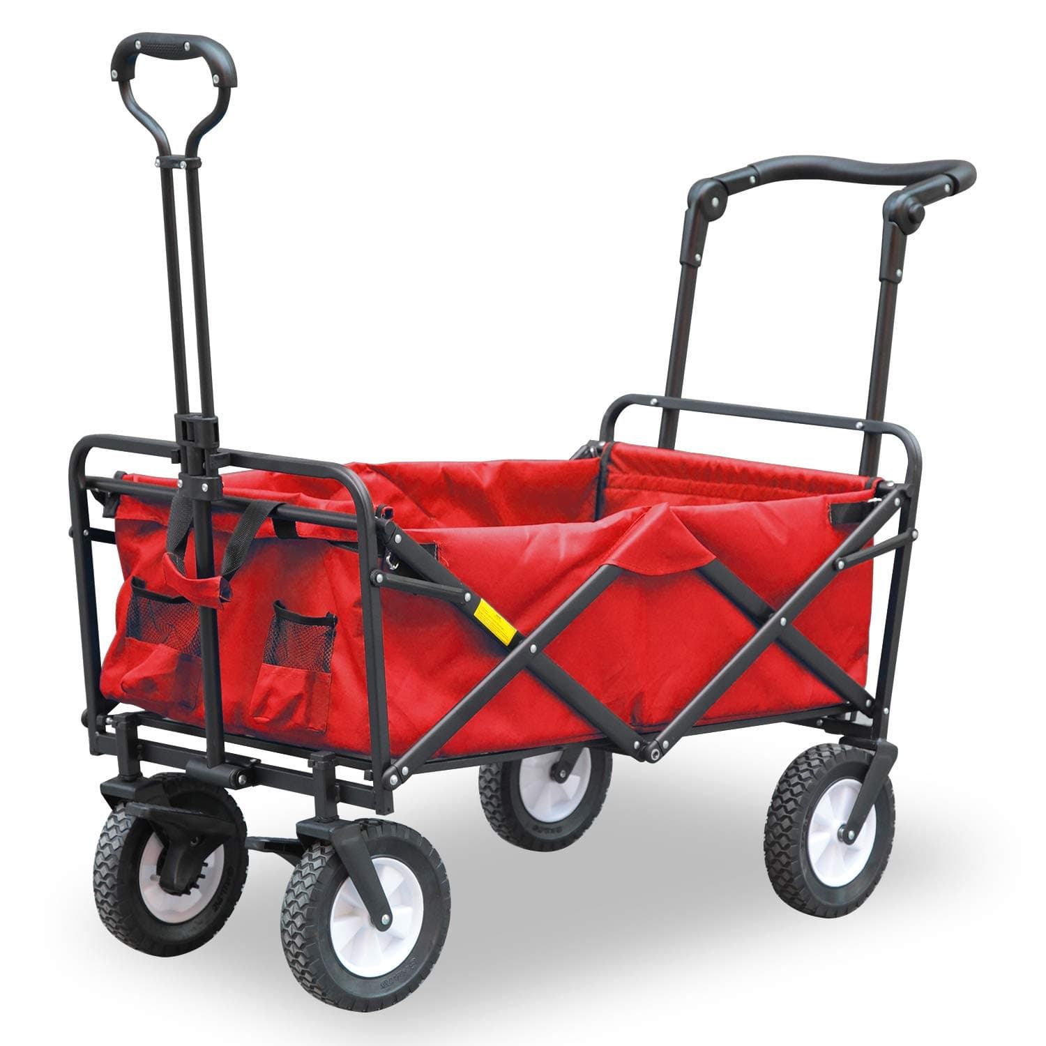 EzyFast Folding Beach Wagon, Collapsible Outdoor Utility Garden Shopping Cart with Rubber Wheels with Brakes (Red)