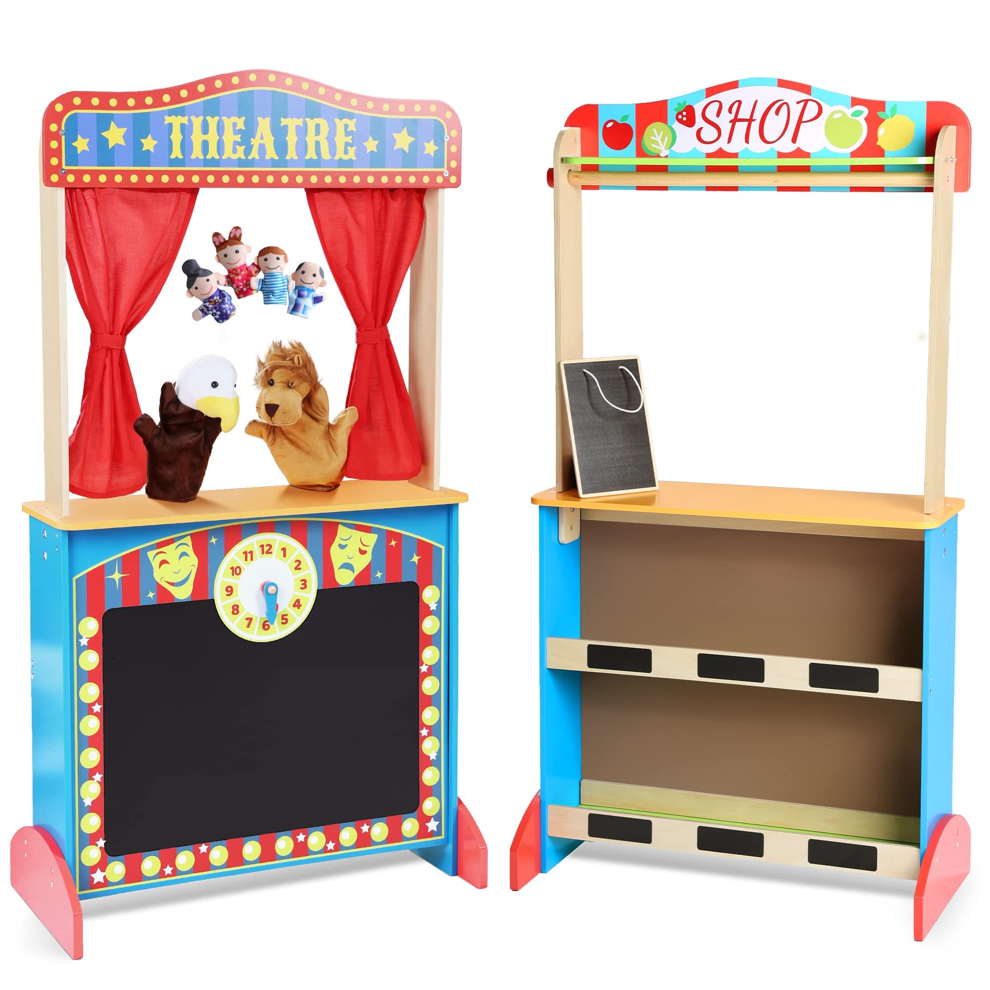 Deluxe Wooden Puppet Theater with Curtains, Blackboard and Clock, Double-Sided Play Store 3-8Y & Kid Puppet Show Theater with 2 Hand Puppets and 4 Finger Puppets for Toddlers 3+
