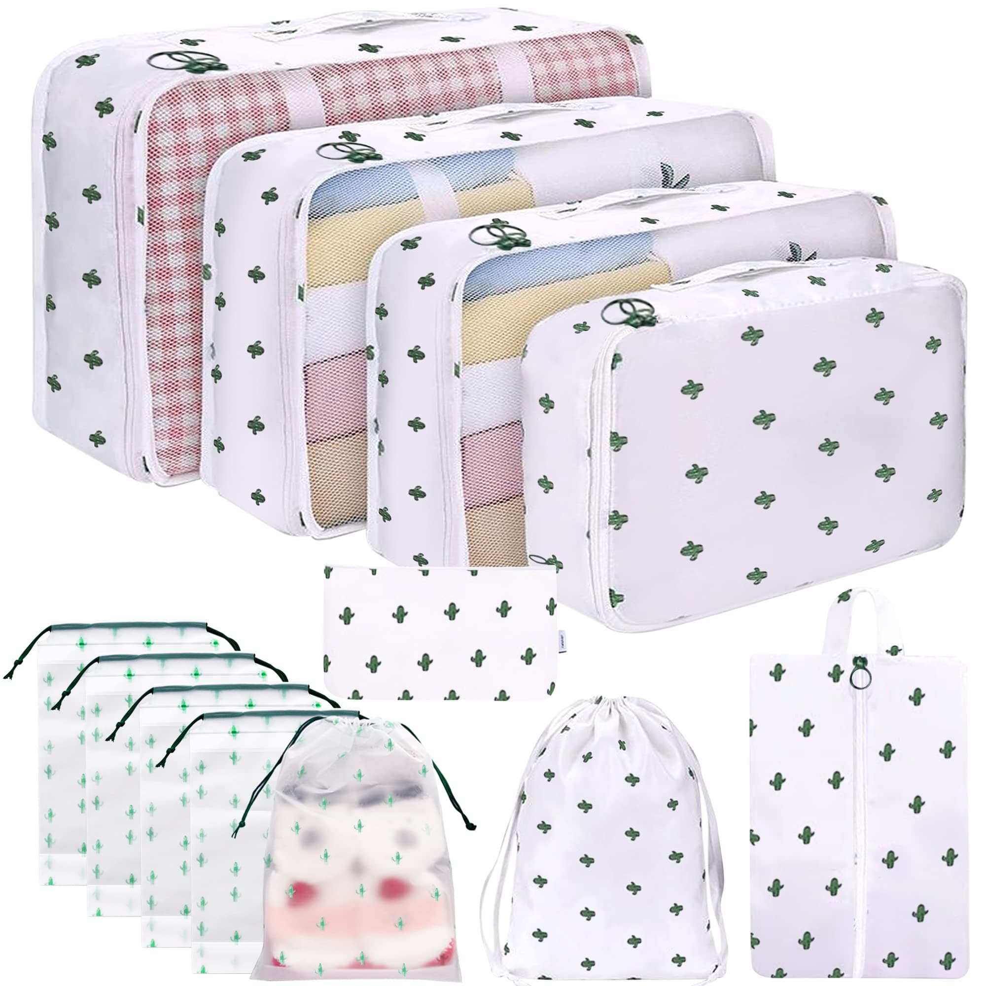 12Pcs Packing Travel Cubes for Suitcase Luggage Organizers with 5 Drawstring Bags,Suitcase Organiser Bag with Waterproof Shoe Storage Bag Compression Pouches White