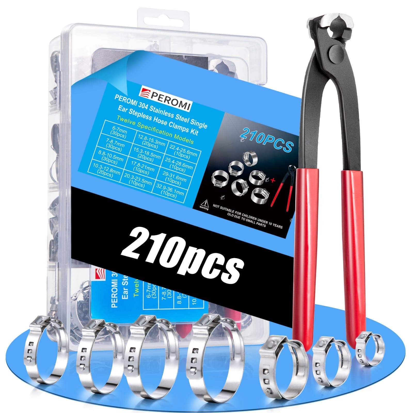 - 210PCS 304 Stainless Steel Single Ear Hose Clamp Assortment Kit - 12 Sizes (6-36.1mm) Stepless Adjustable Cinch Clamps with Pincer Tool for Automotive, Plumbing, Garden & Industrial Use