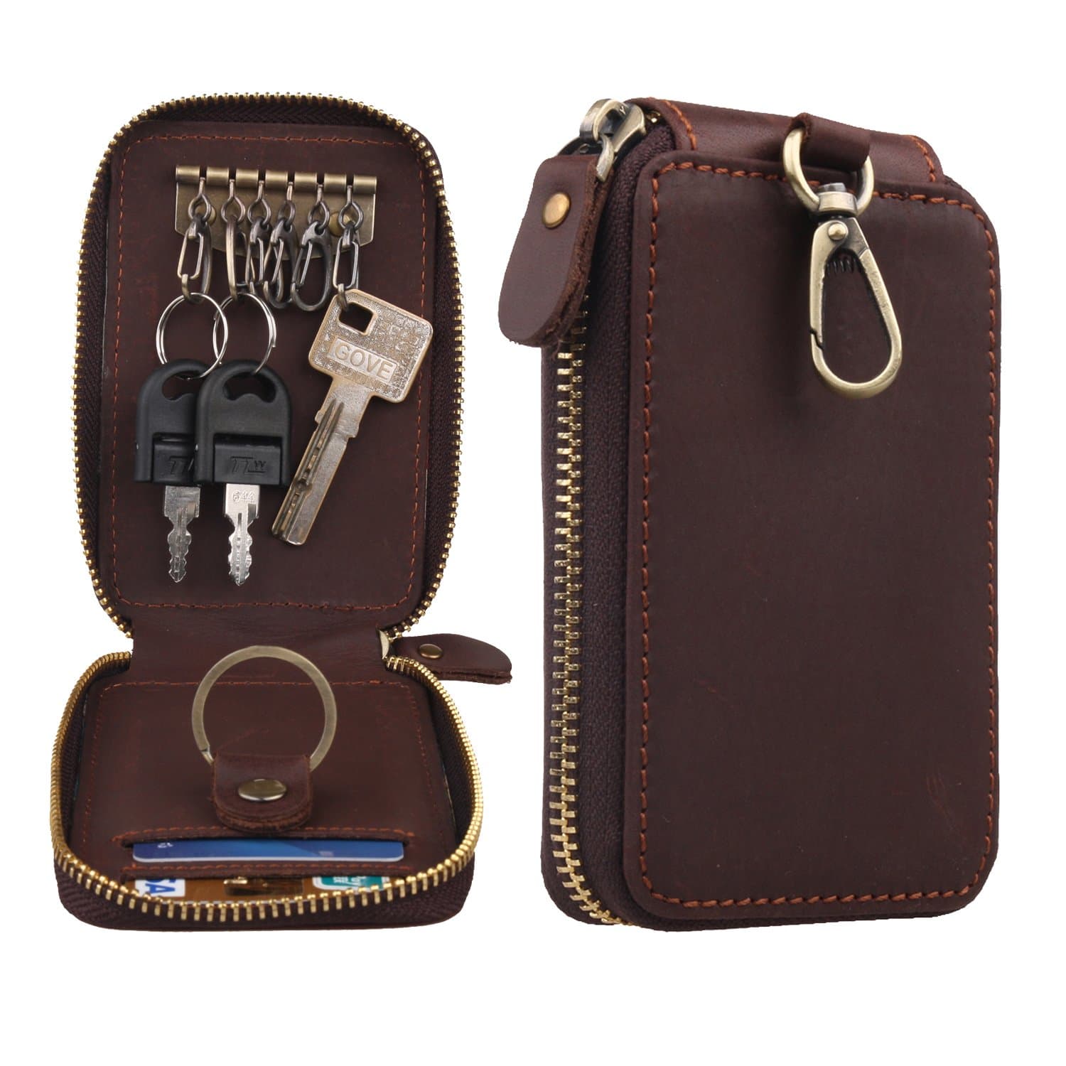 Polare Vintage Real Leather Handmade Zipper Key Pouch Case Clip Hook Wallet