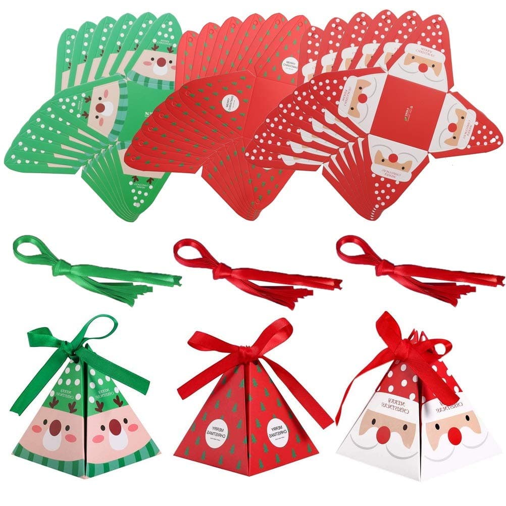 kuou 30 Pcs Christmas Candy Boxes, Xmas Party Paper Cupcake Sweets Chocolate Gift Boxes with Ribbon, Santa Claus Reindeer Christmas Tree