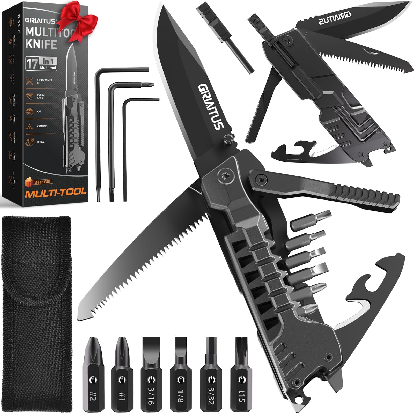 Gifts for Men, Camping Accessories Multitool Gadgets for Men, 17-in-1 Fire Starter Sticks, Saw Screwdrivers, Bottle Opener, Whistle and More - Perfect for Camping, Outdoor, Survival