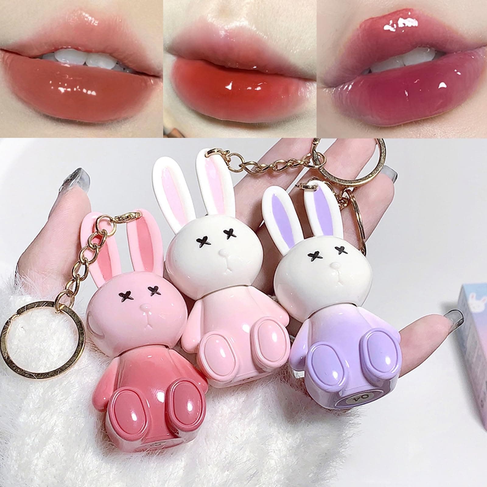 3Psc Rabbit Lip Gloss Keyring,Moisturising Sparkling Jelly Lip Gloss,Crystal Lip Glaze Korean Chinese Makeup, Hydrating Sweet Lip Glaze Set,Cute Lipgloss Set For Girls