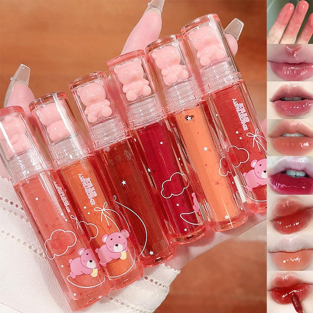 6 Colors Bear Hydrating Lip Gloss Liquid Lipstick Set Cute Bear Jelly Lipstick Moisturizing Sweet Lip Glaze Set Bear Beauty Makeup (A)