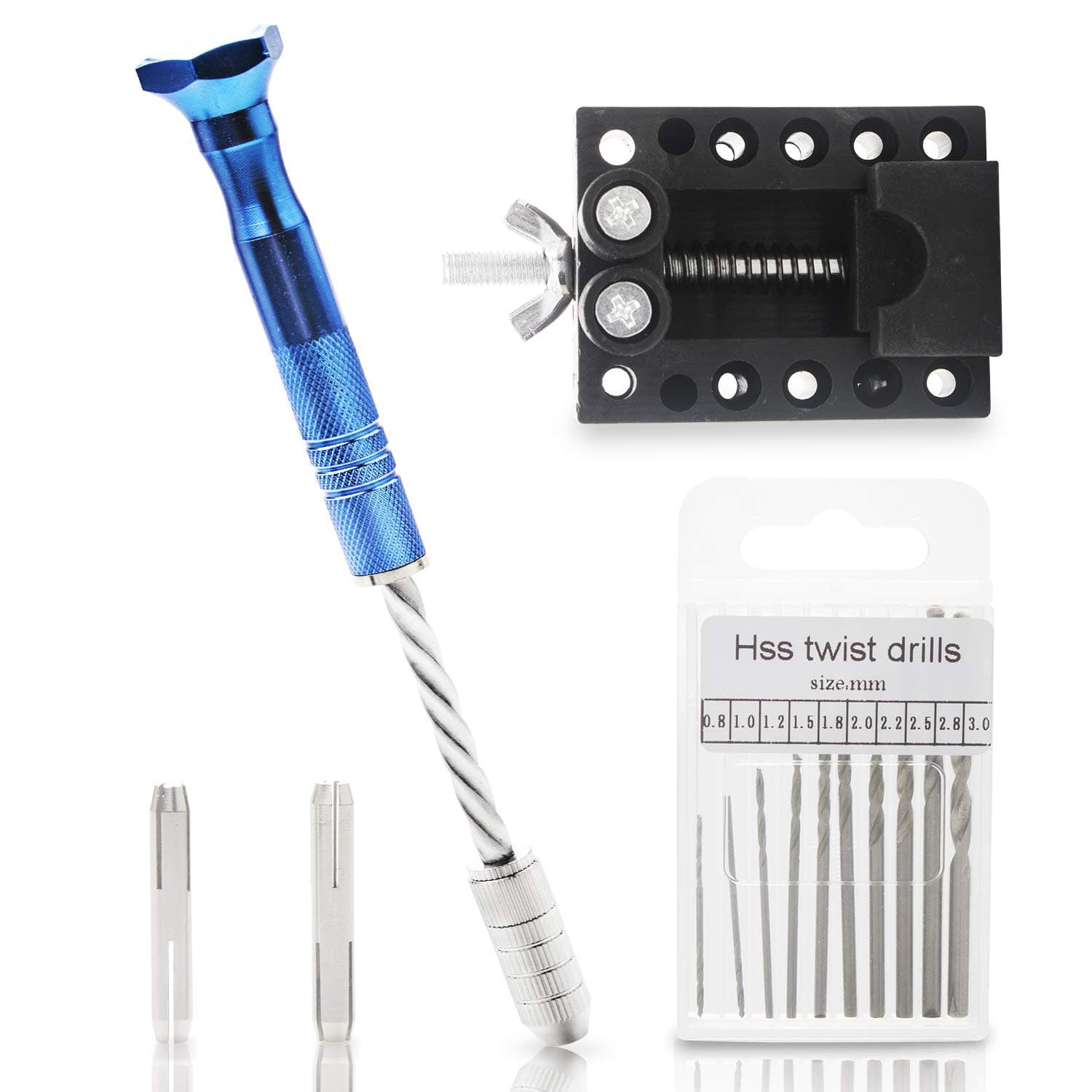 Pin Vise Hand Drill Bit Set (0.8-3.0mm),Micro Mini Twist Drills Set with Precision Hand Drill Rotary Tool,Twist Drills,Drill Holders and Bench Vice for Wood, Jewelry, Plastic Craft DIY Etc