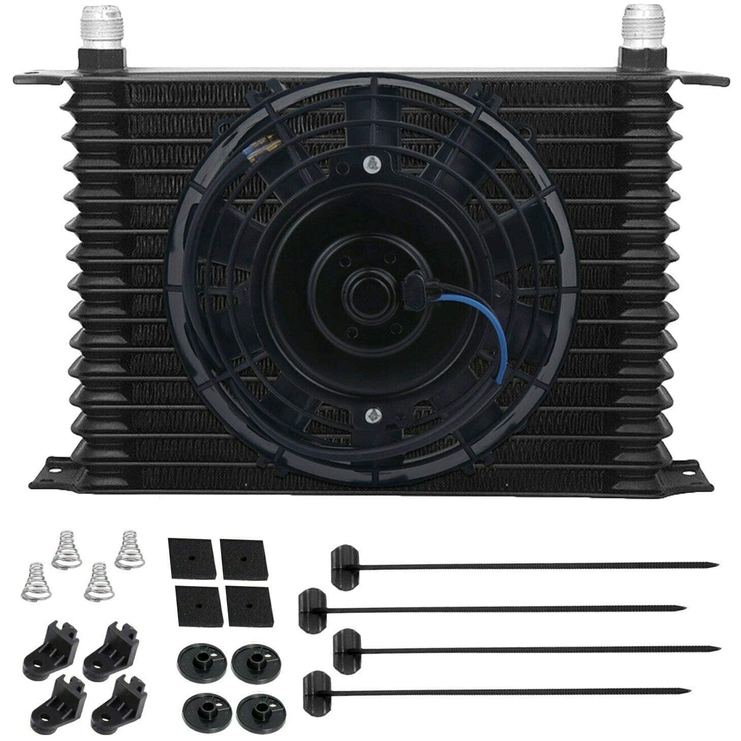 American Volt 15 Row Black Aluminum Auto Engine Transmission Oil Cooler 10AN Hose End Fittings 8" Inch 90w Electric Cooling Fan Kit Bolt-On Heavy Duty Towing Truck Van SUV RV