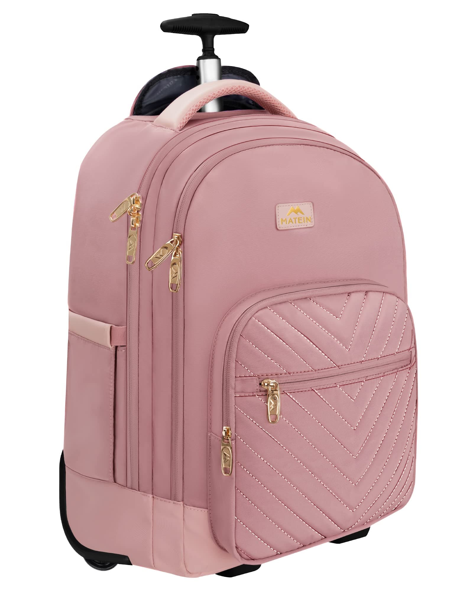 Rolling Backpack for Women, 17 Inch Travel Laptop Backpacks with Wheels, Large Carry On Business Luggage Roller Backpack, Waterproof Trolley Suitcase Overnight College Work Computer Bag, Pink