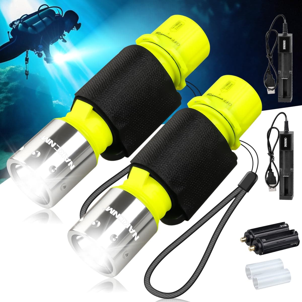NAKCNM Rechargeable Diving Flashlight Scuba Dive Light Super Bright, Underwater Flashlights IPX8 Waterproof 3 Modes Dive Torch for Outdoor Diving Emergency(2 Pack)