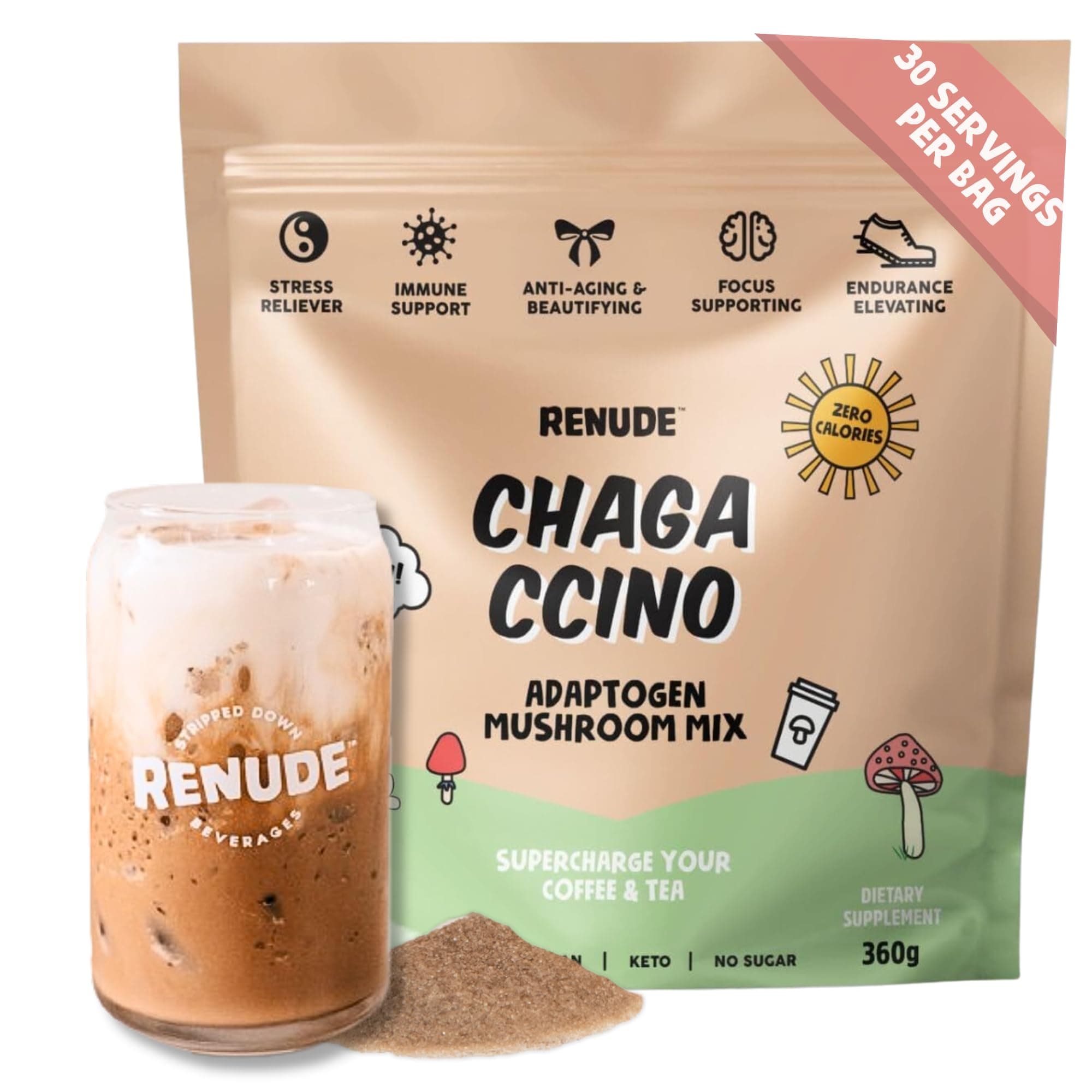 Chagaccino - Chaga Mushroom Powder, Mushroom Coffee Drink Mix with Adaptogens, Natural Energy and Immune Support, Vegan, Keto, Zero Calorie Mushroom Blend Powder - 30 Servings