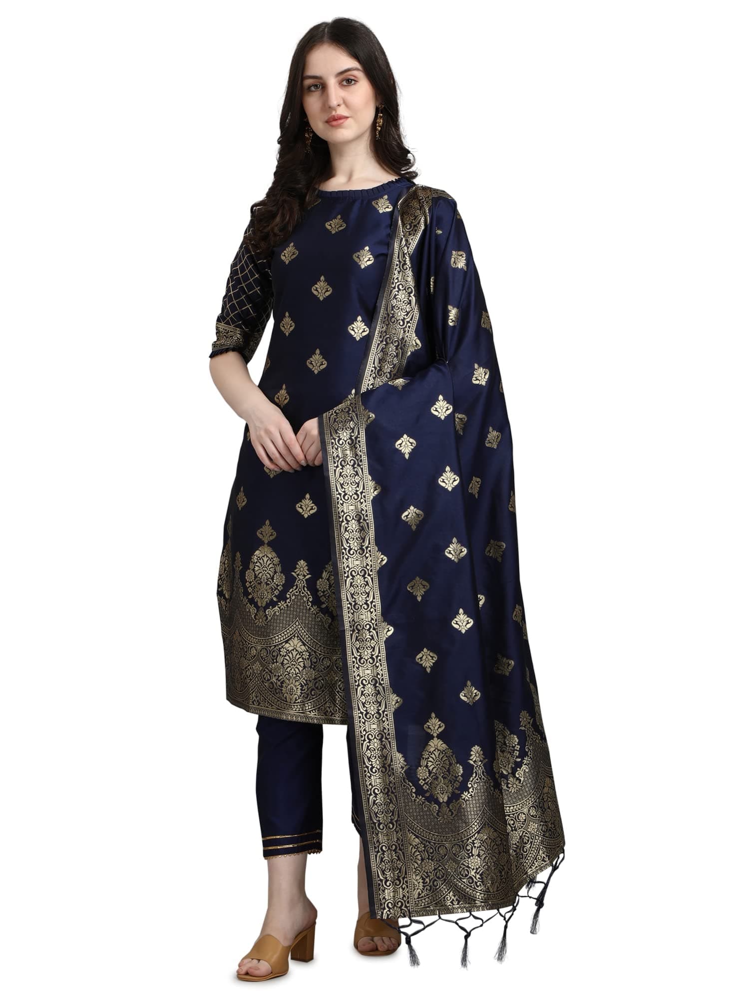 VredeVogel Women's Cotton Silk Jacquard Kurta Pant with Dupatta Set
