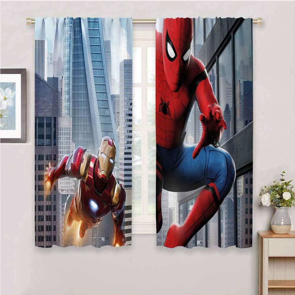 Spider Man with Iron Man Blackout Curtains Thermal Insulated Full Room Darkening Noise Reducing Rod Pocket Curtain W42 x L63 Inch