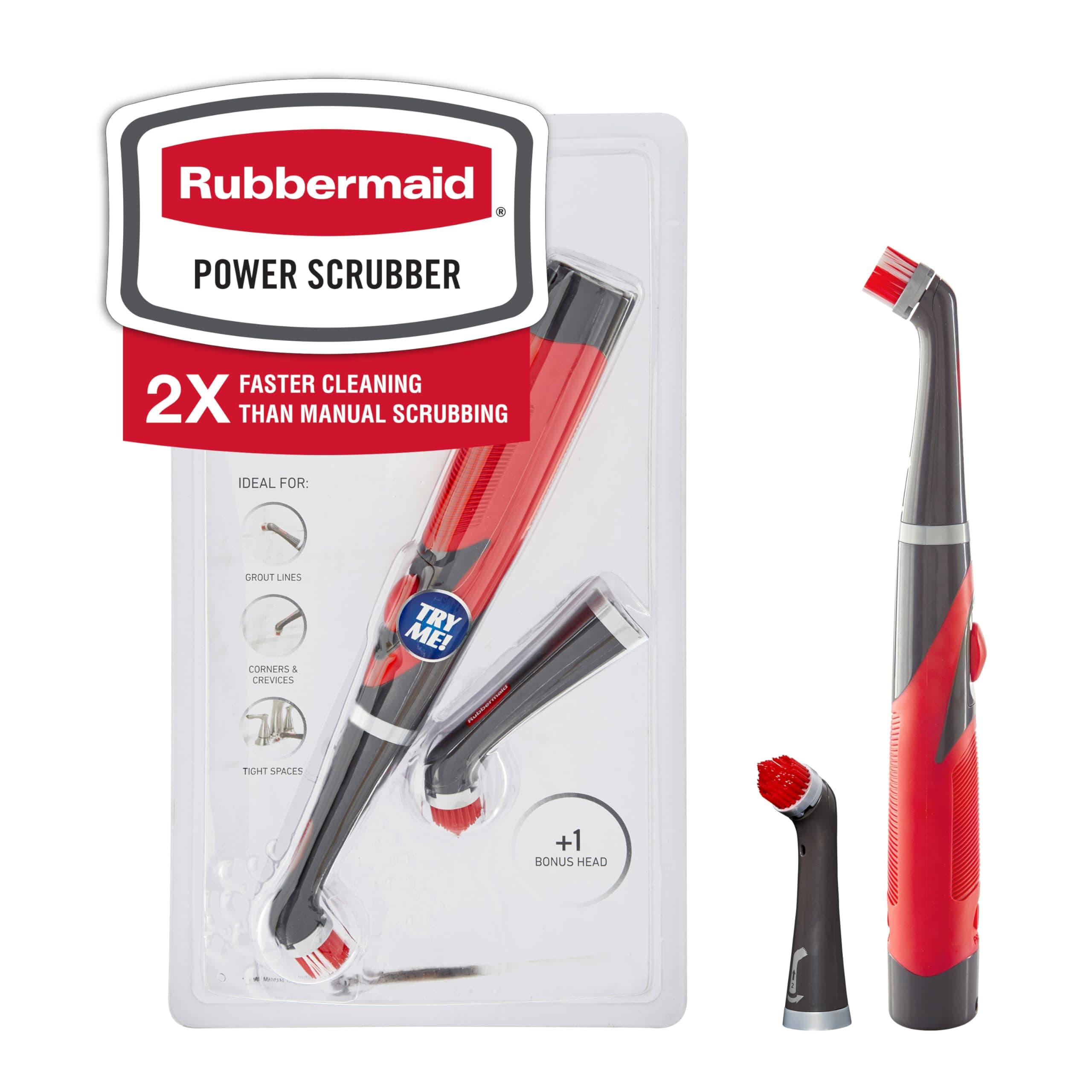 Rubbermaid Reveal Power Scrubber and Grout Head for Household Cleaning, Gray/Red, Multi-Purpose Scrub Brush Cleaner for Grout/Tile/Bathroom/Shower/Bathtub, Water Resistant, Lightweight (2057486)
