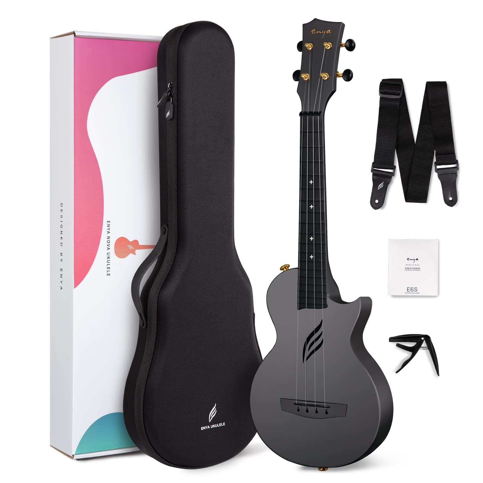 Concert Ukulele Nova U 23” Cutaway Carbon Fiber Beginner Travel Ukulele Kit Waterproof Ukelele with Case,Strap,Capo,Strings (Black)
