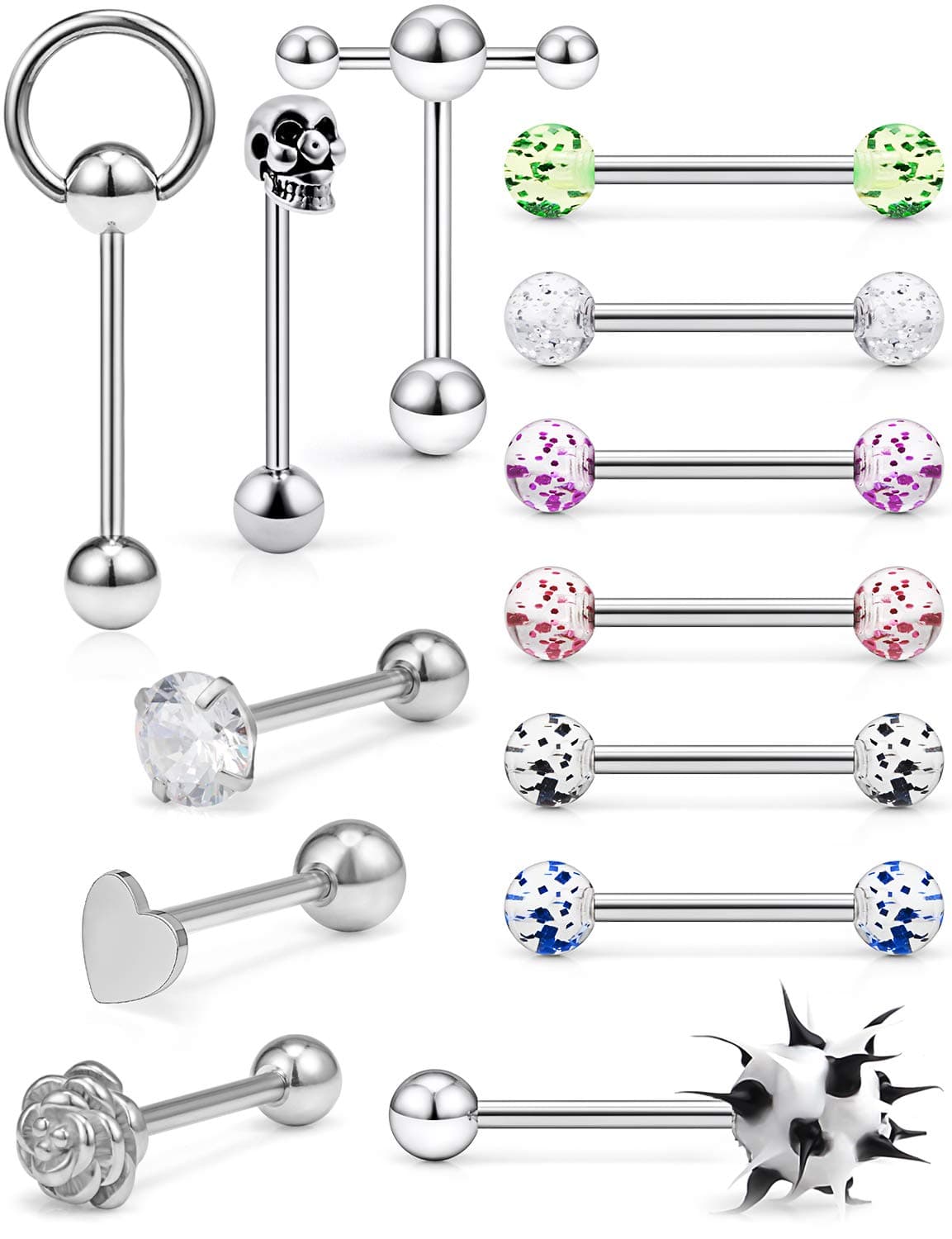 Hoeudjo 13Pcs 14G Surgical Steel Tongue Rings Teaser Double Barbell with Slave Ring Body Piercing Jewelry for Women Men, Skull/Flower/Heart/Clear CZ/Glitter Ball Closure