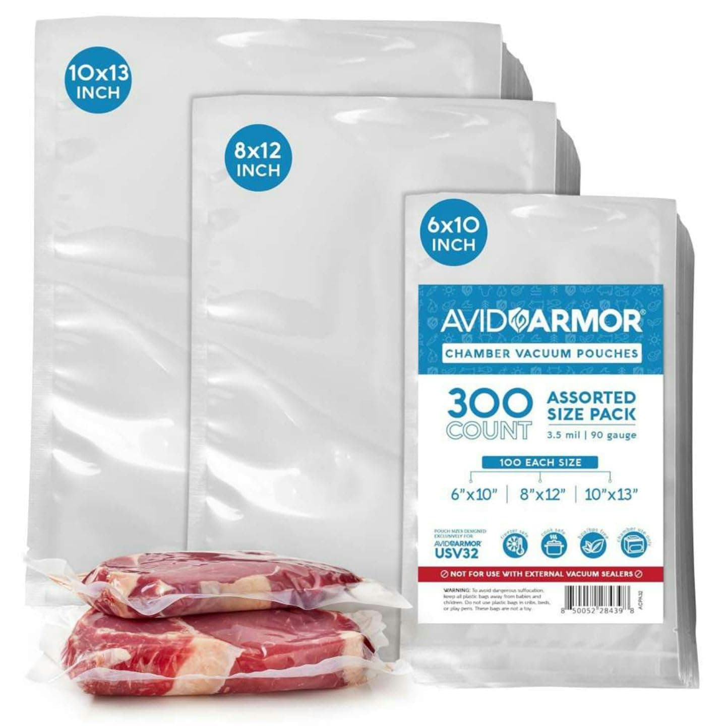 300 CT Chamber Vacuum Sealer Bags for USV32 – Assorted Sizes (6x10", 8x12", 10x13"), BPA-Free, Reusable, for Food Storage, Sous Vide, and Freezer Preservation