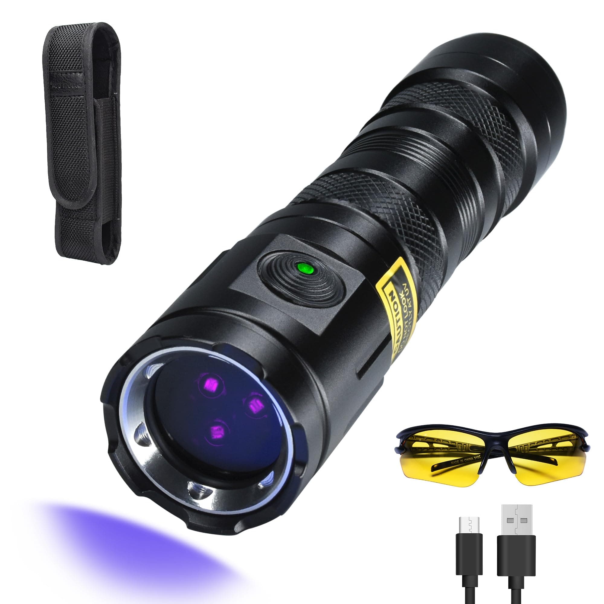 DARKDAWN UV 365nm Light Blacklight High Power, 20W Ultraviolet Flashlight USB-C Rechargeable with Black Mirror, 3 LEDs Mini Woods Lamp for Dog/Cat Urine Detector, Anti-counterfeiting Identification