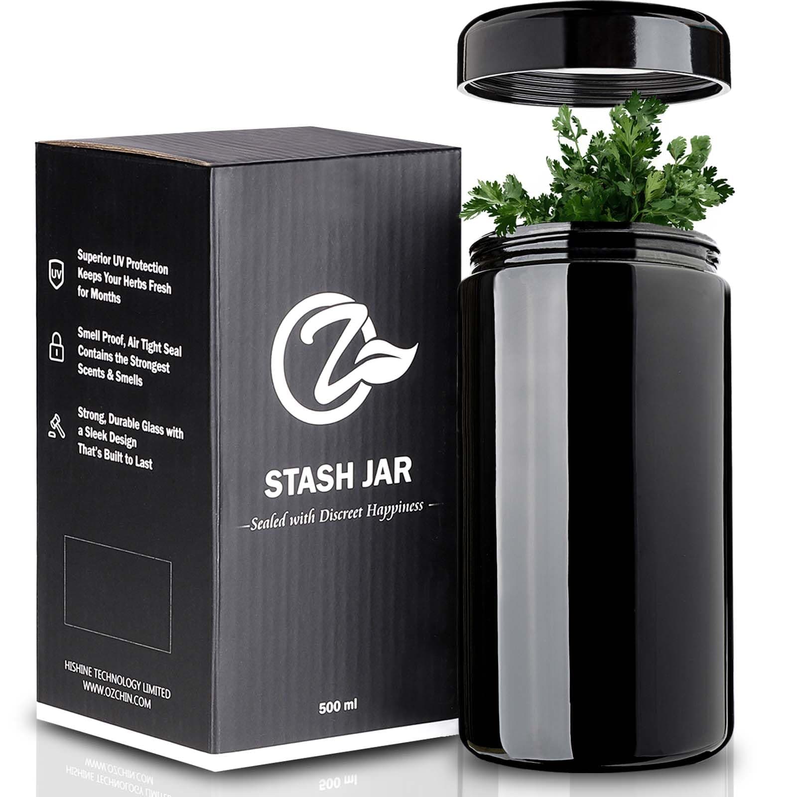 OZCHIN Glass Stash Jar Airtight Smell Proof Container, Glass UV Protection Storage Multipurpose Container for Coffee,Teas, Herb Spices Container Screw-Top Lid Lock Odor(500ml)