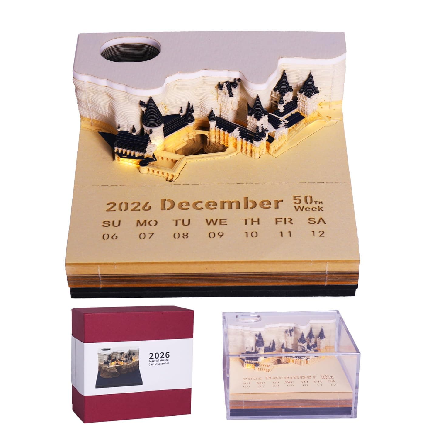 3D Creative Time Piece Calendar 2026 Desk Calendar,Magic Castle with LED Lights,Tear-Away Notepad,Paper Carving Art Craft Gift for Christmas