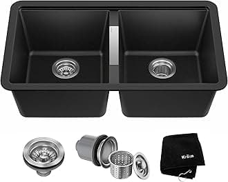 Quarza 33-inch Undermount 50/50 Double Bowl Granite Kitchen Sink in Black Onyx, KGU-434B
