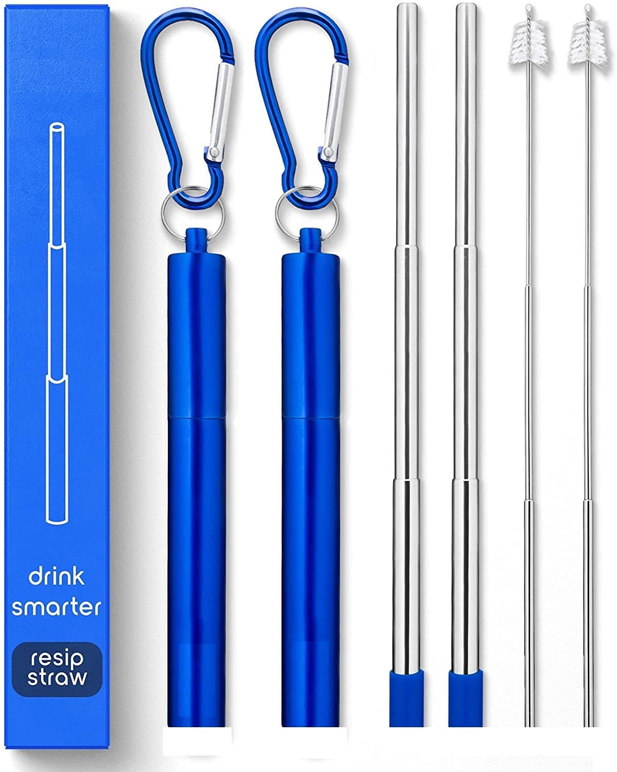 ANAB GIPortable Reusable Drinking Straws | Collapsible & Foldable Telescopic Stainless Steel Metal Straw Dispenser | Final Aluminum Case, Long Cleaning Brush, Silicone Tip | Navy | 2-Pack