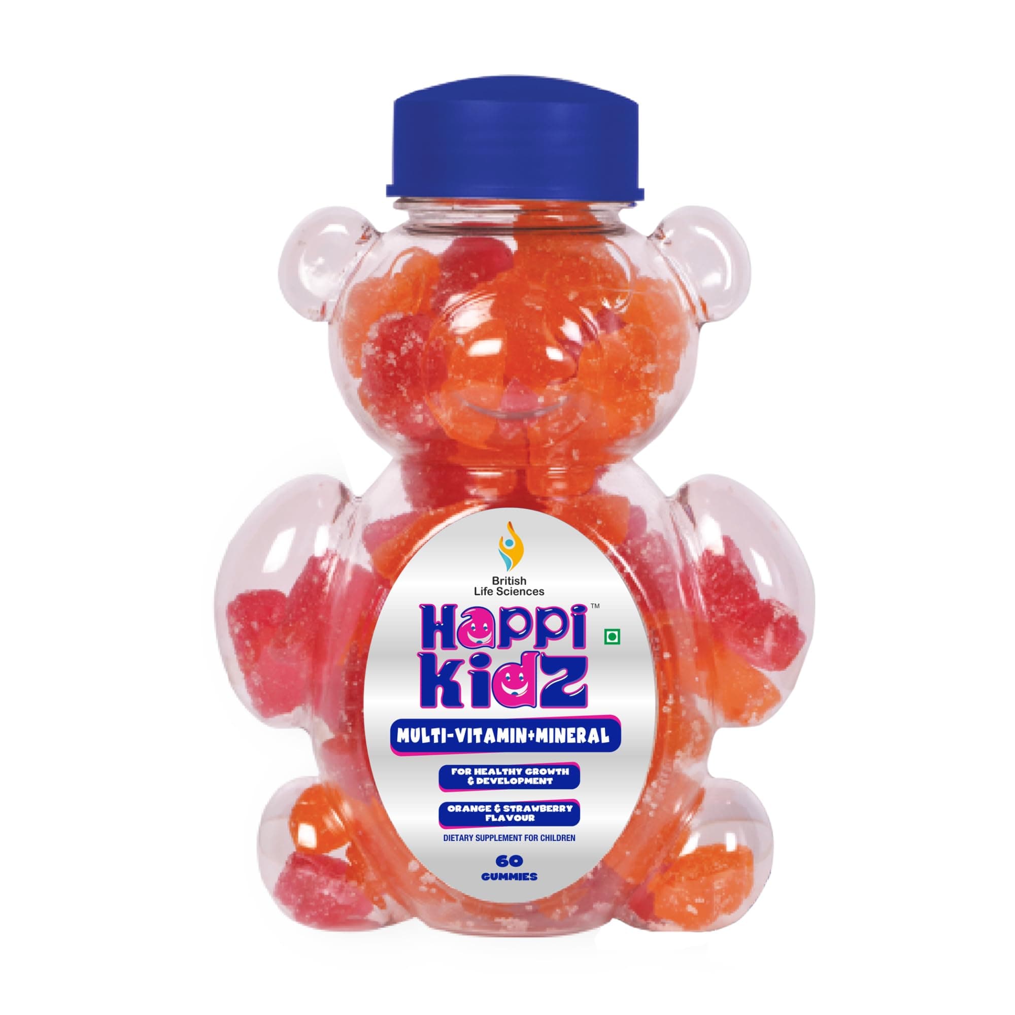 BRITISH LIFE SCIENCES PVT LTD ; Nutrition For A Healthy Beginning - Happi Kidz Multivitamin Gummies For Kids - (60 Count) - Vitamin A,D,E,B & C with 16 Other Nutrients & Minerals- Orange & Strawberry