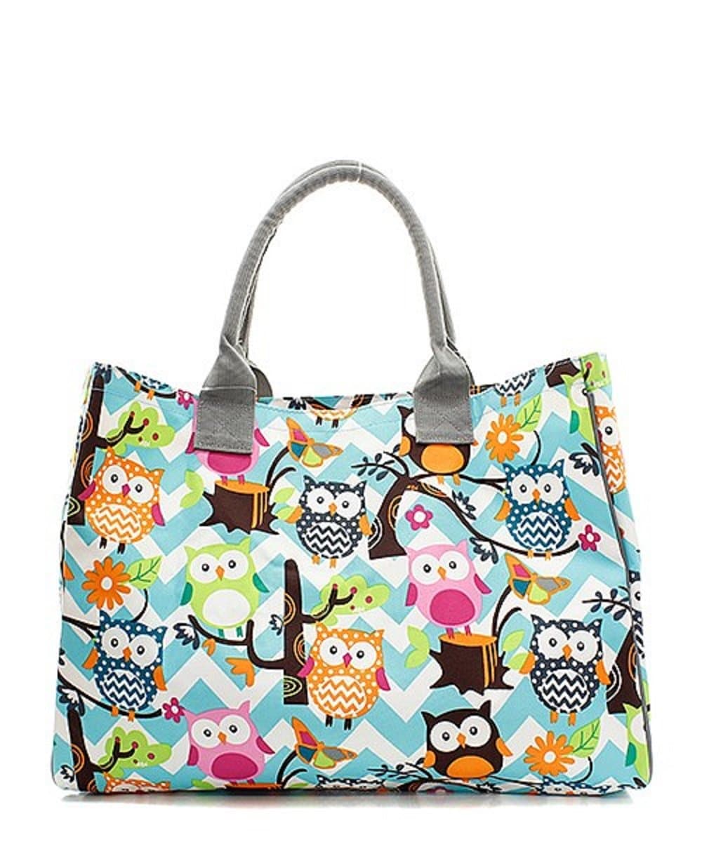 Owl Chevron Stripe Canvas Large 19" Tote Bag