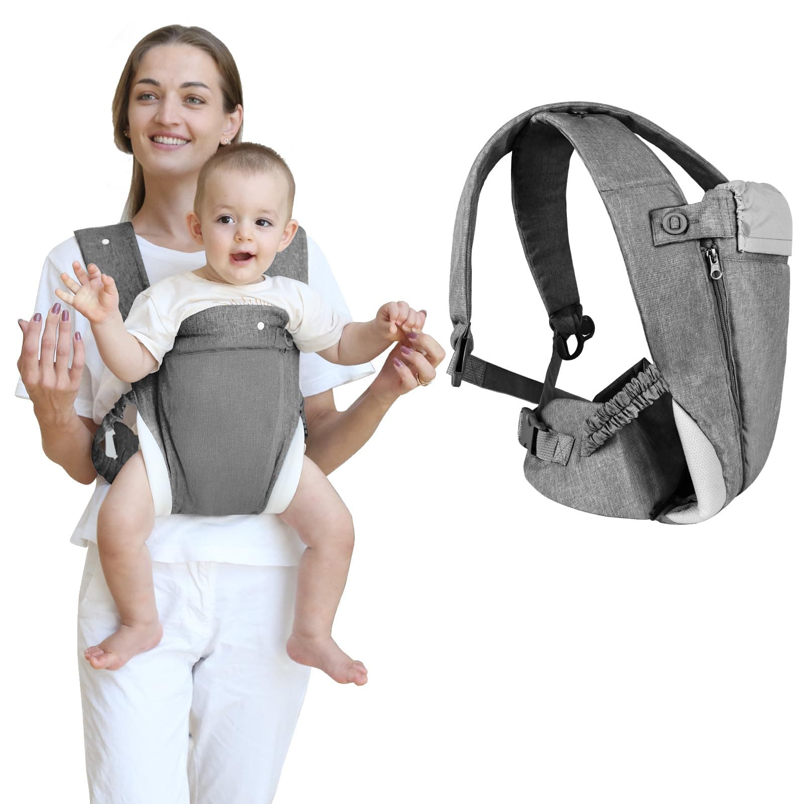 4-in-1 Baby Carrier Newborn to Toddler, Baby Carrier Baby Sling Carrier, Breathable Zipper & Belt, Front and Back Adjustable Baby Sling Carrier for for 7-40lbs (Grey)