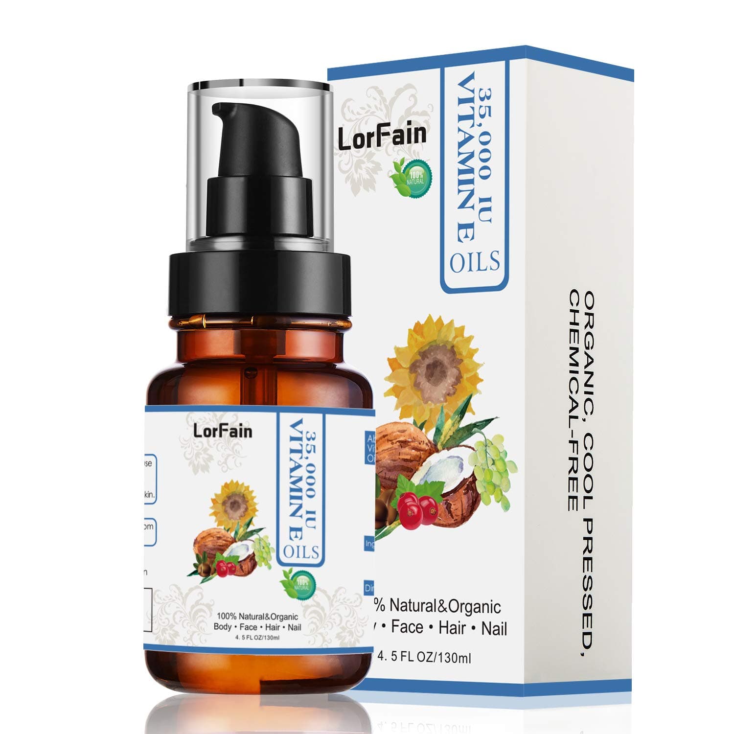 LorFain Natural Vitamin E Oil 35000 IU Blend with Organic Rosehip and Jojoba Oils For Face, Skin and Nails Care, Reduce Wrinkles, Dark Spots, Stretch Marks, Acne and Scars - 4.5 FL OZ 130ml