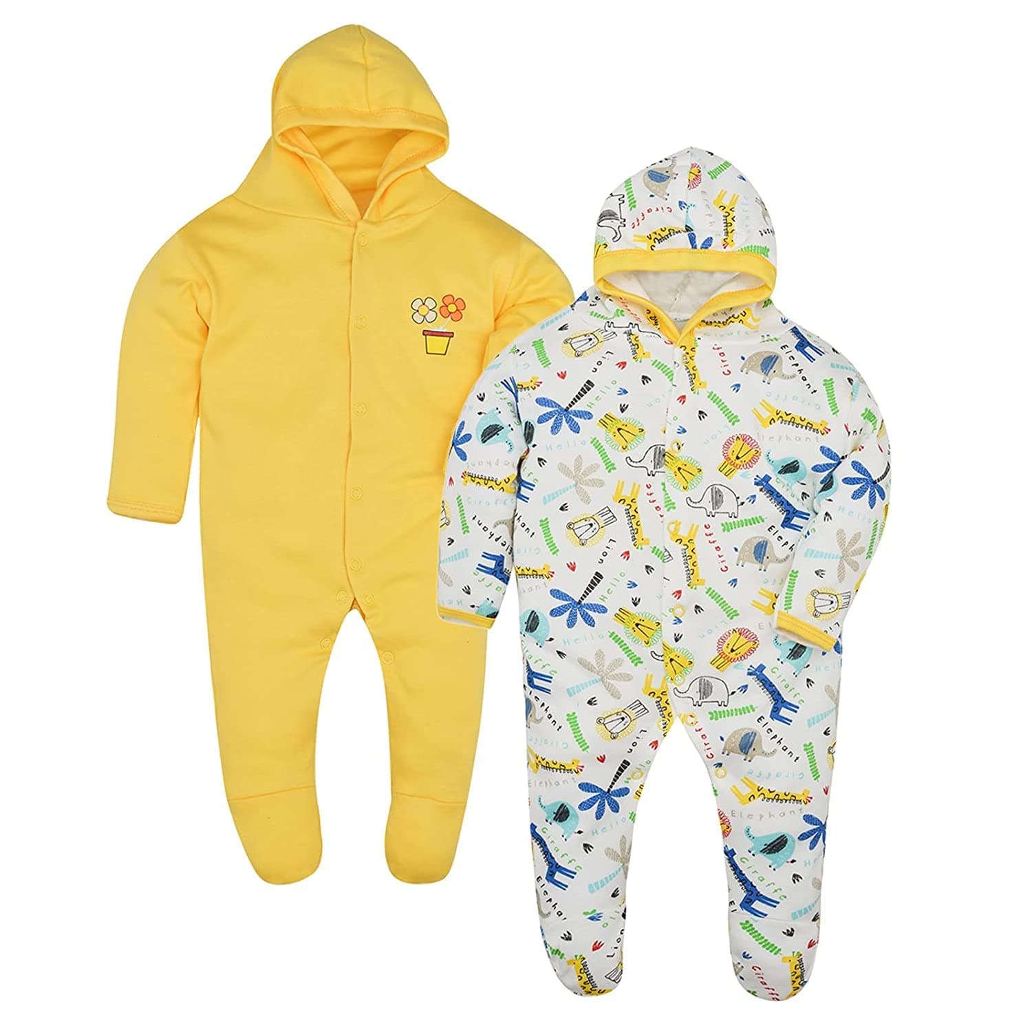 Appu Kids Front Open Full Sleeves Sleepsuit Hooded with Foot Easy Dressing and Diapering Romper Set of 2