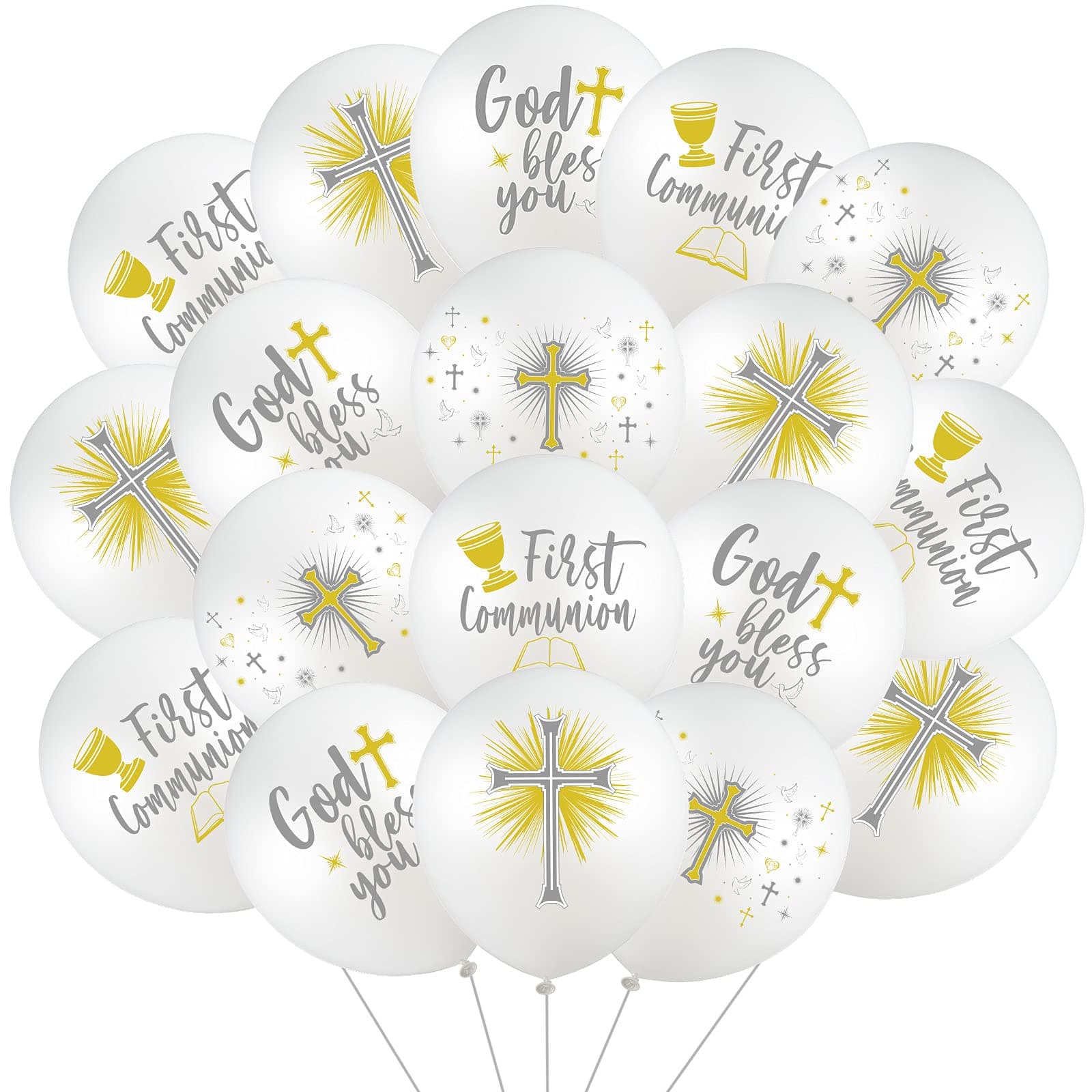 Skylety 48 Cross Doves Latex Balloons - 12 Inch Baptism & Christening Supplies for First Communion (White, Silver, Gold)