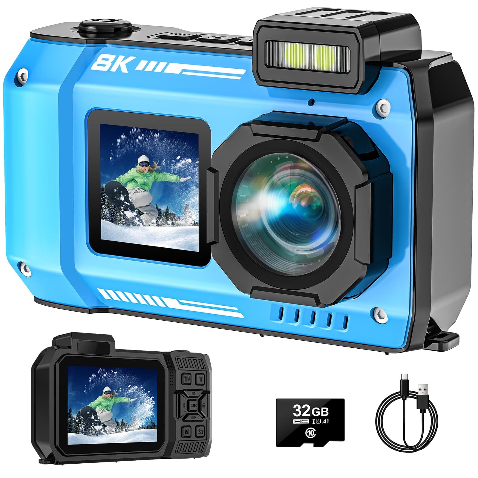 AKASO 8K UHD Underwater Camera with 32GB Card, Autofocus 70MP, Rugged Dustproof Shockproof, Waterproof, Dual-Screen Selfie, 33FT Underwater, 2500mAh Battery, Blue