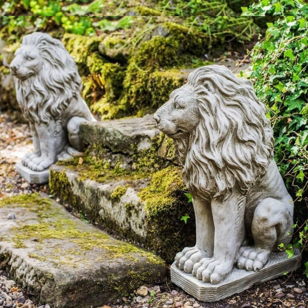Pair Of Sitting Lion Entrance way Gate Post Ornaments Solid Stone Cast 35kg each by DGS