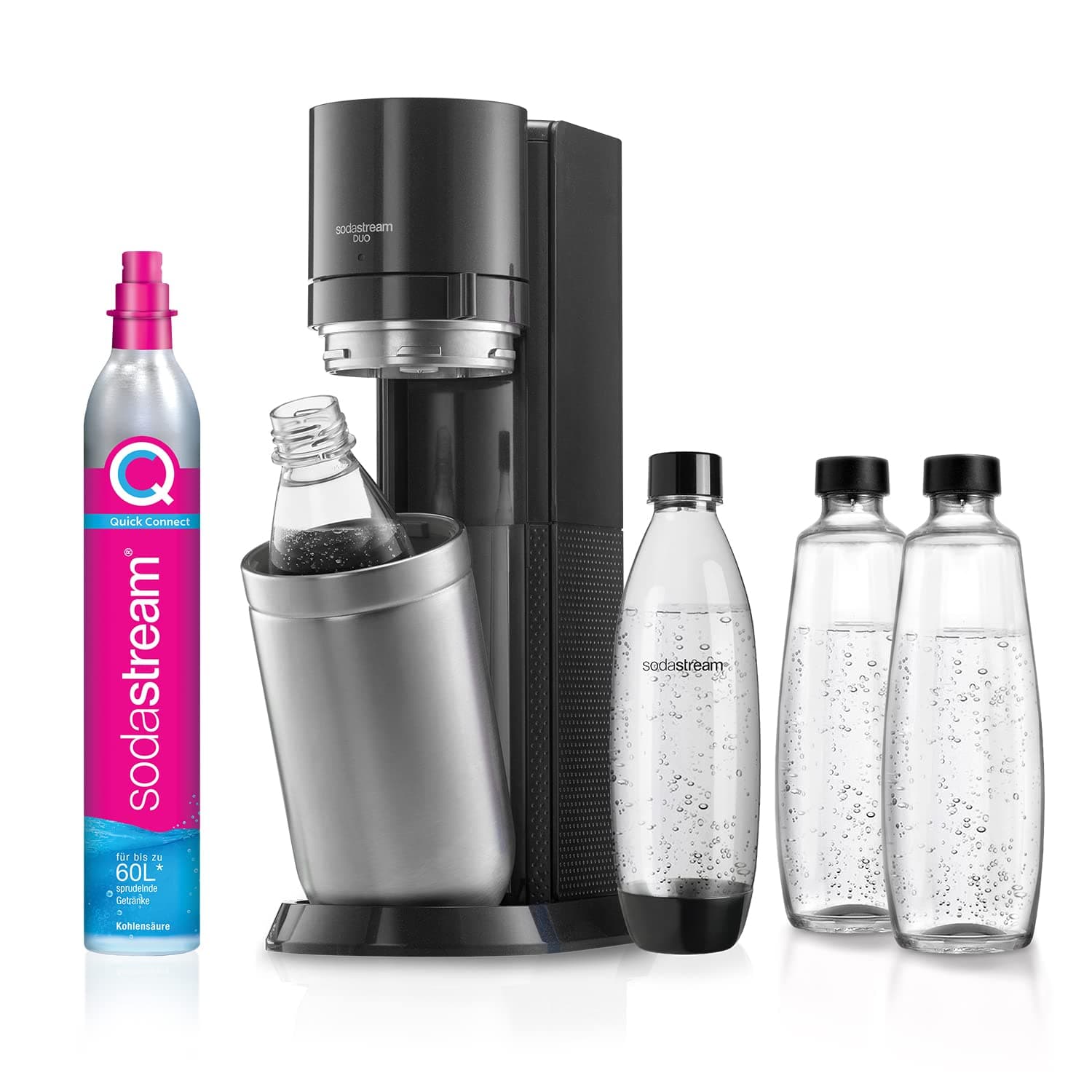 sodastreamDUO Water Carbonator with CO2 Cylinder, 2x 1L Glass Bottles and 2x 1L Dishwasher-Safe Plastic Bottle, Height: 44 cm, Colour: Titanium, 29 x 25.6 x 44.4