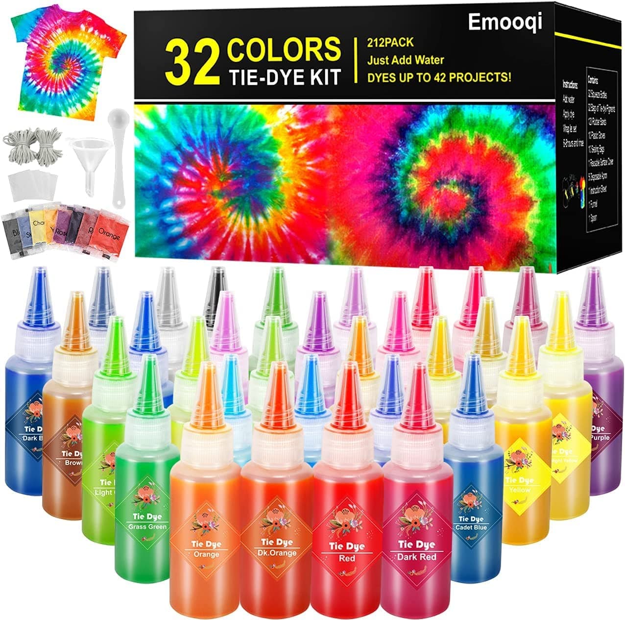 DIY Tie Dye Kits, Emooqi 32 Colours All-in-1 Tie Dye Set Contain 32 Bag Pigments, Rubber Bands, Gloves, Sealed Bag, Apron and Table Covers for Craft Arts Fabric Textile Party DIY Handmade Project