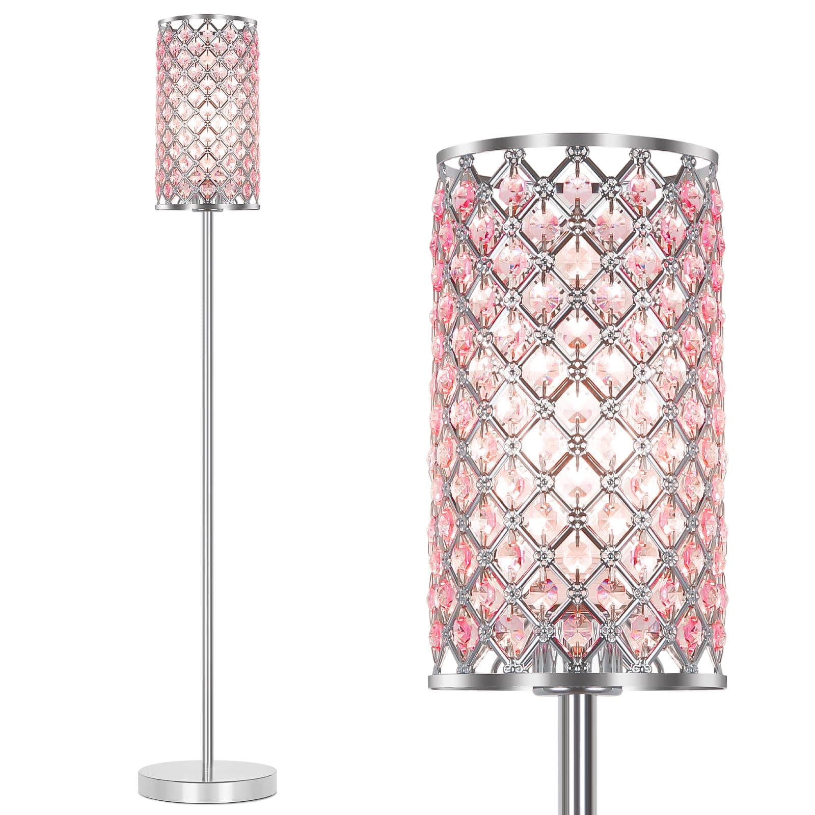 Crystal Floor Lamp for Bedroom, Silver Floor Lamp with Pink Shade, Girls Lamp with On/Off Foot Switch, Elegant Standing Light Tall Pole Lamp for Living Room, Dresser, Office (E26 Base)