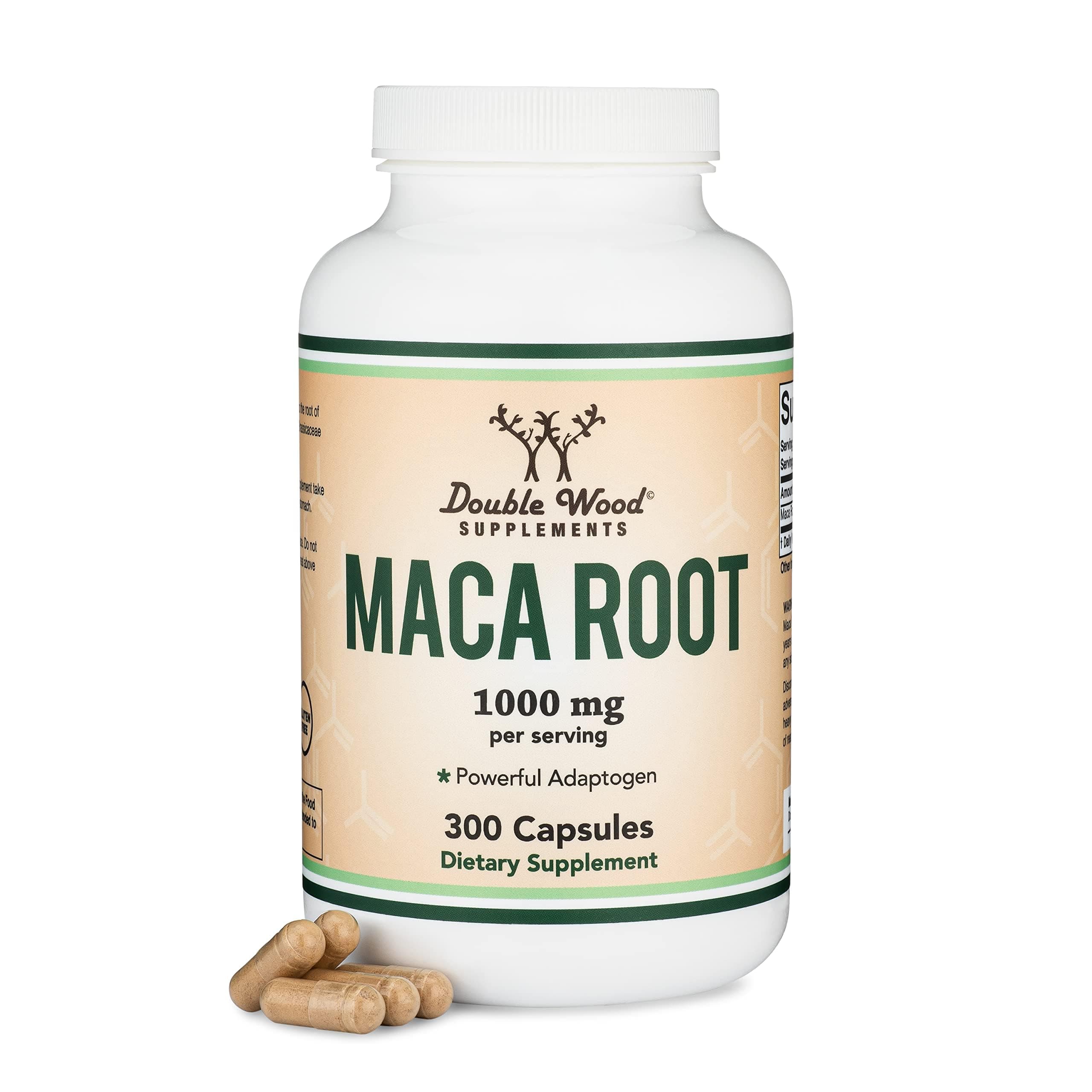 Maca Root Capsules for Women and Men, 300 Count (1,000mg of Black, Red, Yellow Maca Powder per Serving) Grown in Peru (for Energy, Performance, Motivation) by Double Wood