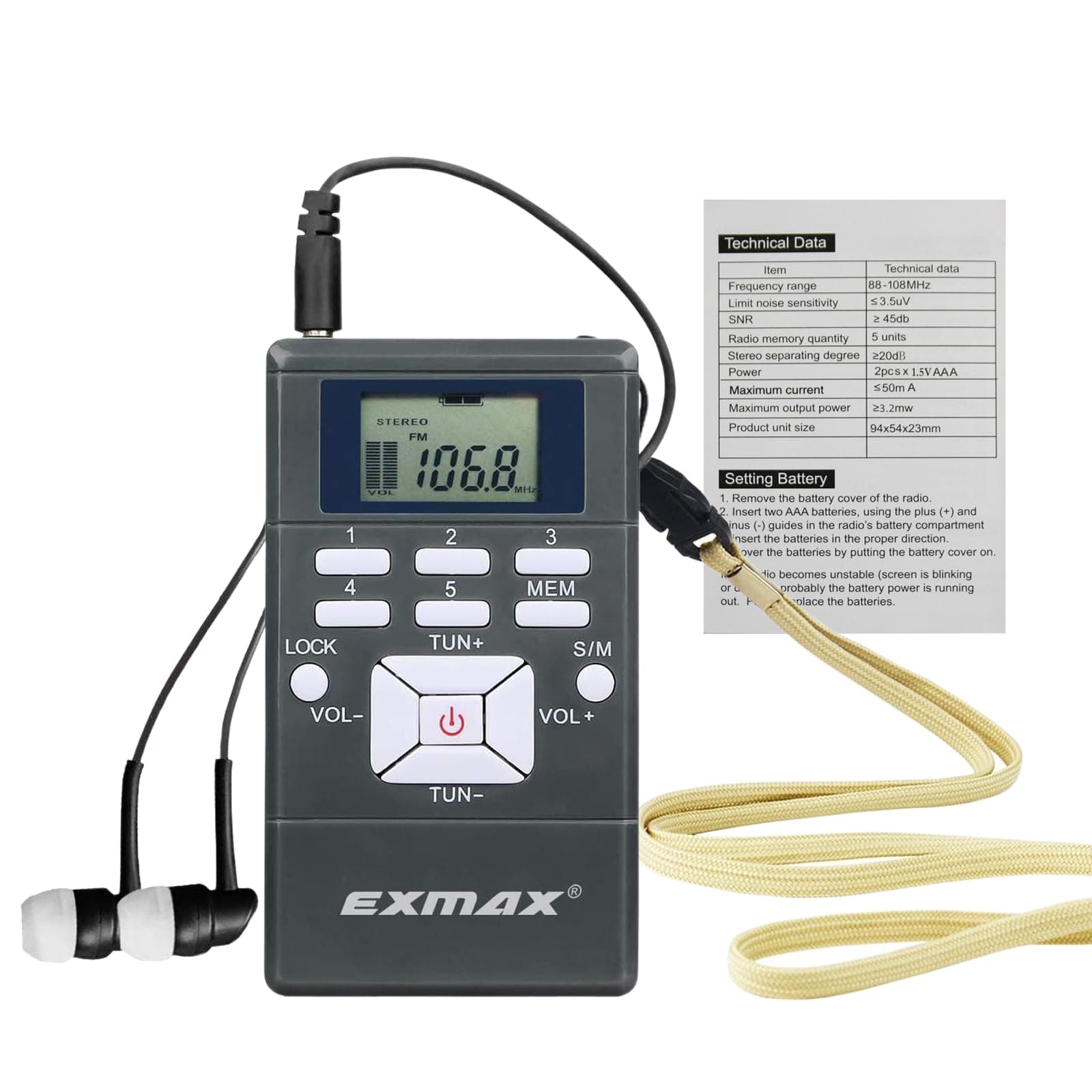 EXMAX E108 Wireless Stereo FM Radio Receiver - Portable Pocket Mini With Earbuds, LCD Clock for Translator Tour Guide System, Jogging, Running, Walking, Yardwork - Gray