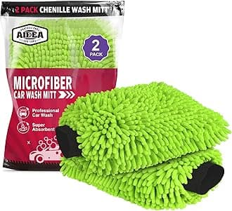 AIDEA Car Wash Mitt Microfiber Scratch & Lint Free, Premium Chenille Microfiber Wash Mitt-Green Regular Size (7.12'X10.14')-2Pack