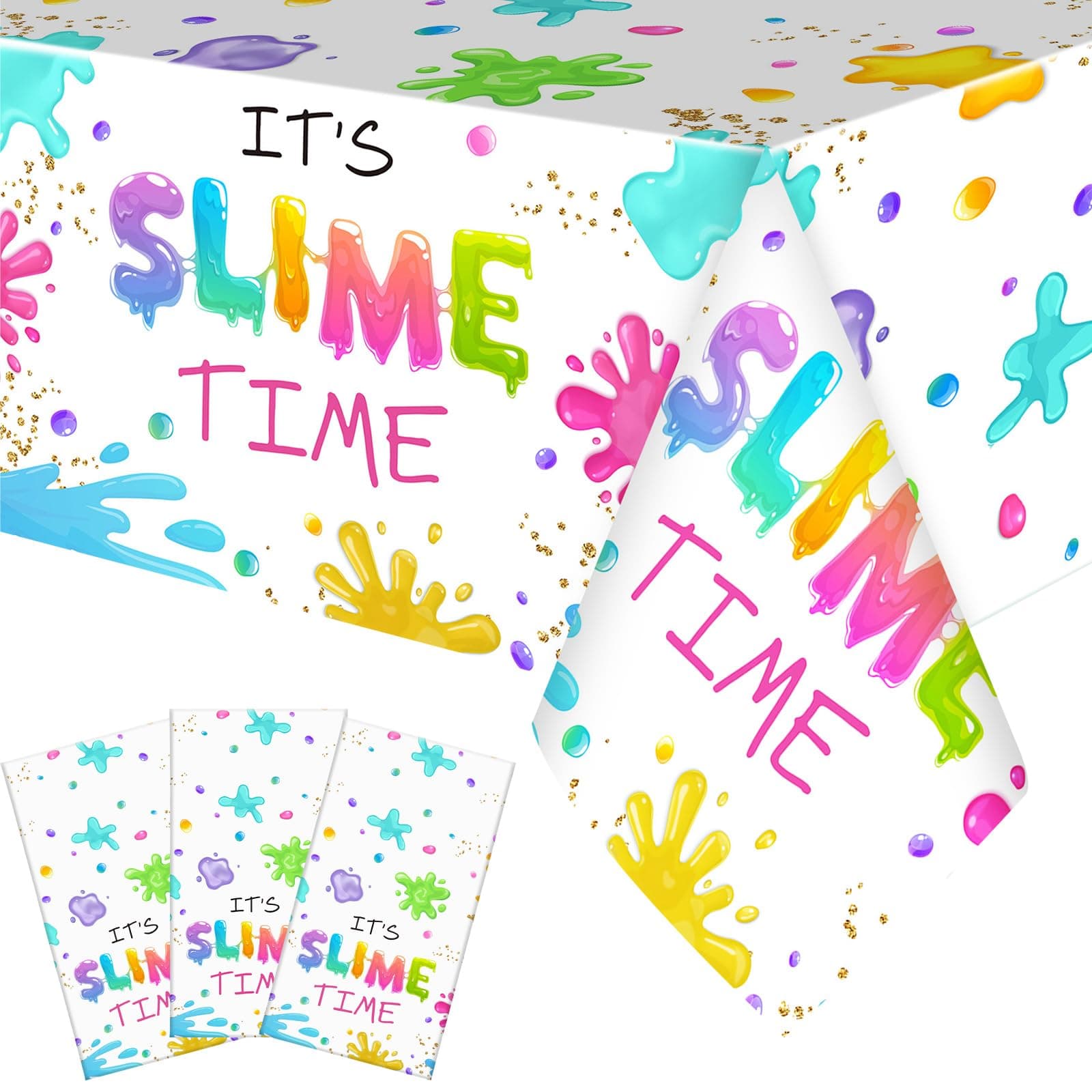 Tingjoo 3 Pack Slime Party Decorations Tablecloths Colorful It's Slime Time Table Cover 54 x 108 Inch Rectangle Slime Table Cloth Plastic Disposable Table for Slime Themed Birthday Party Supplies