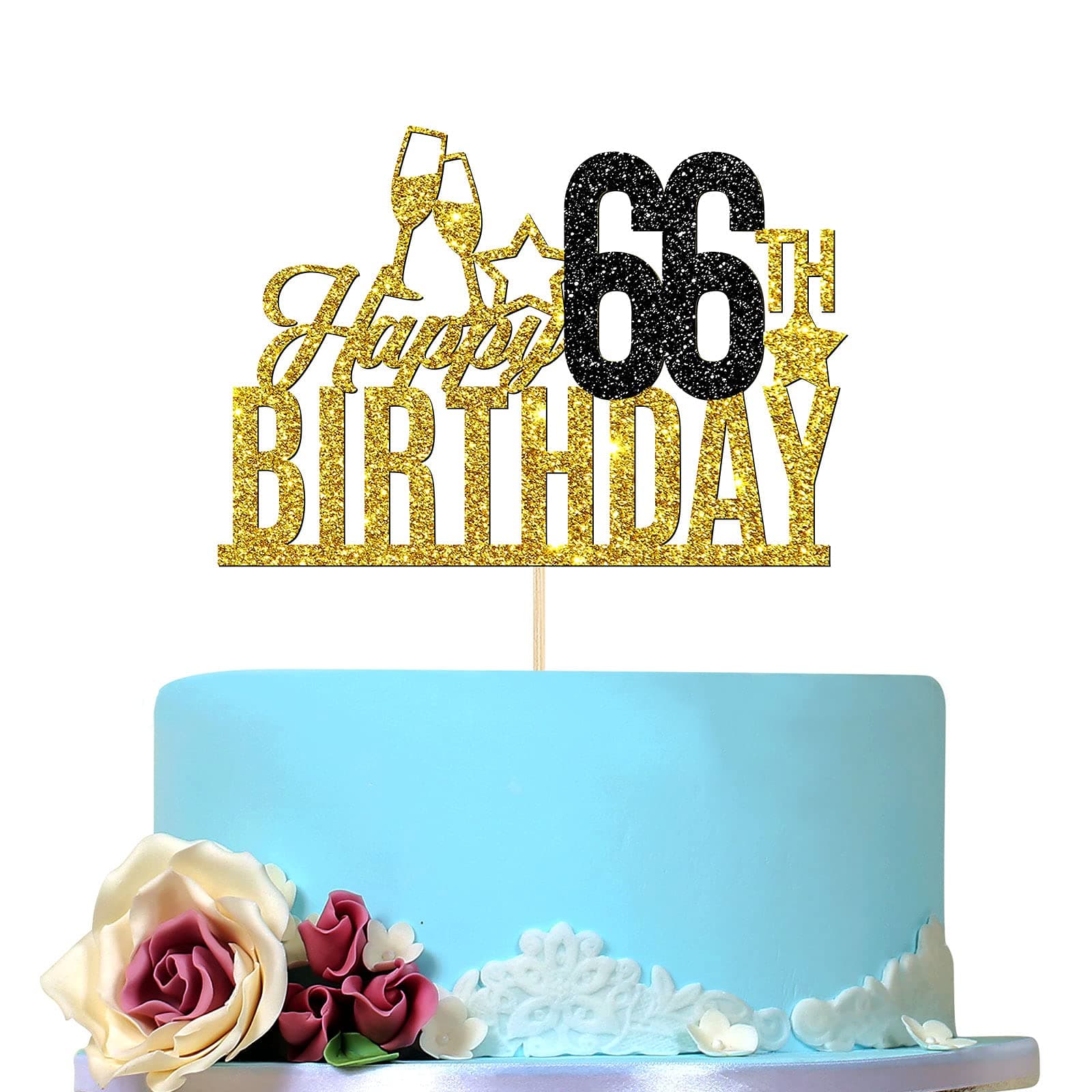 Happy 66th Birthday Cake Topper - Sixty six-year-old Cake Topper, 66th Birthday Cake Decoration, 66th Birthday Party Decoration (Gold and Black)