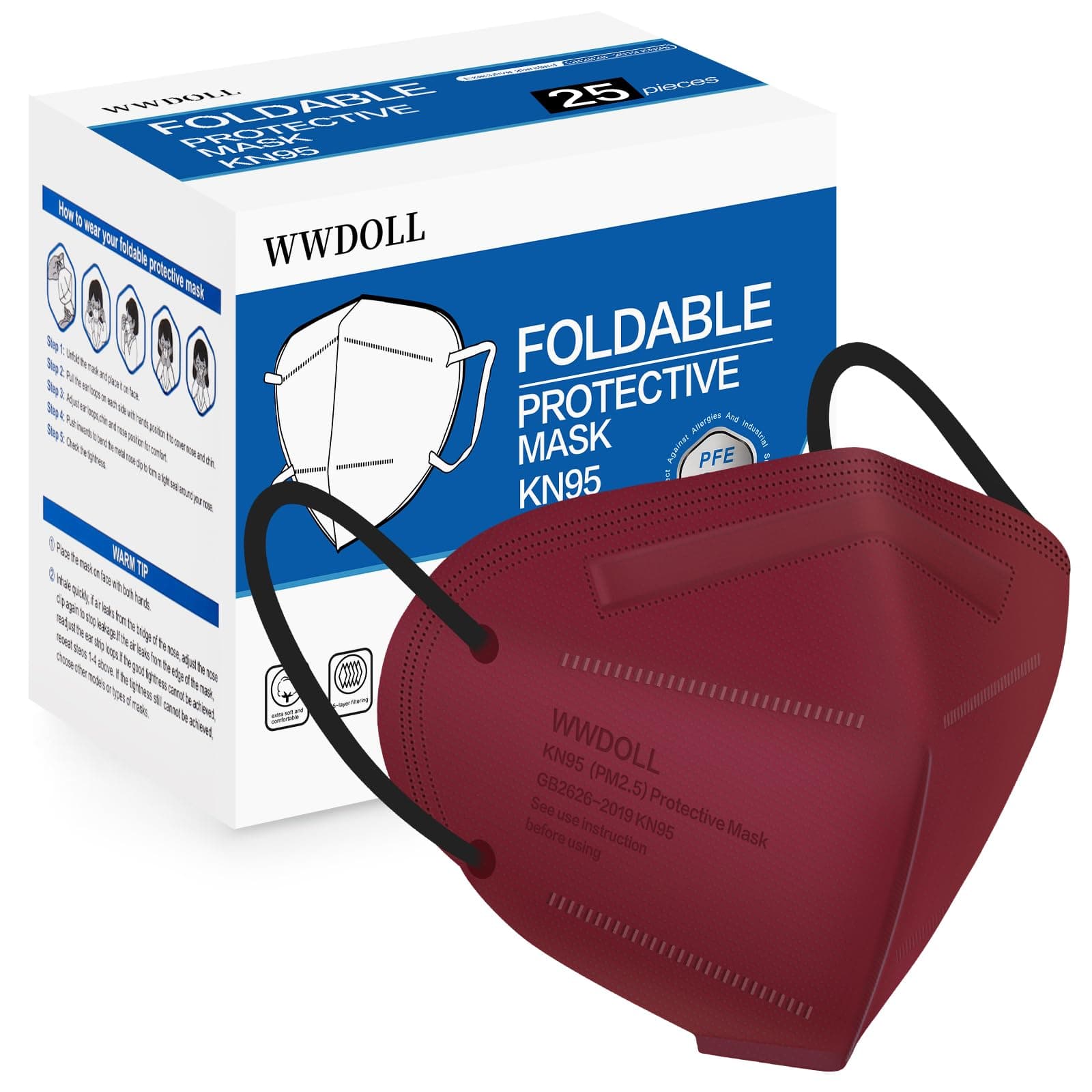 WWDOLL KN95 Face Mask 25 Pack, 5-Layers Breathable KN95 Masks