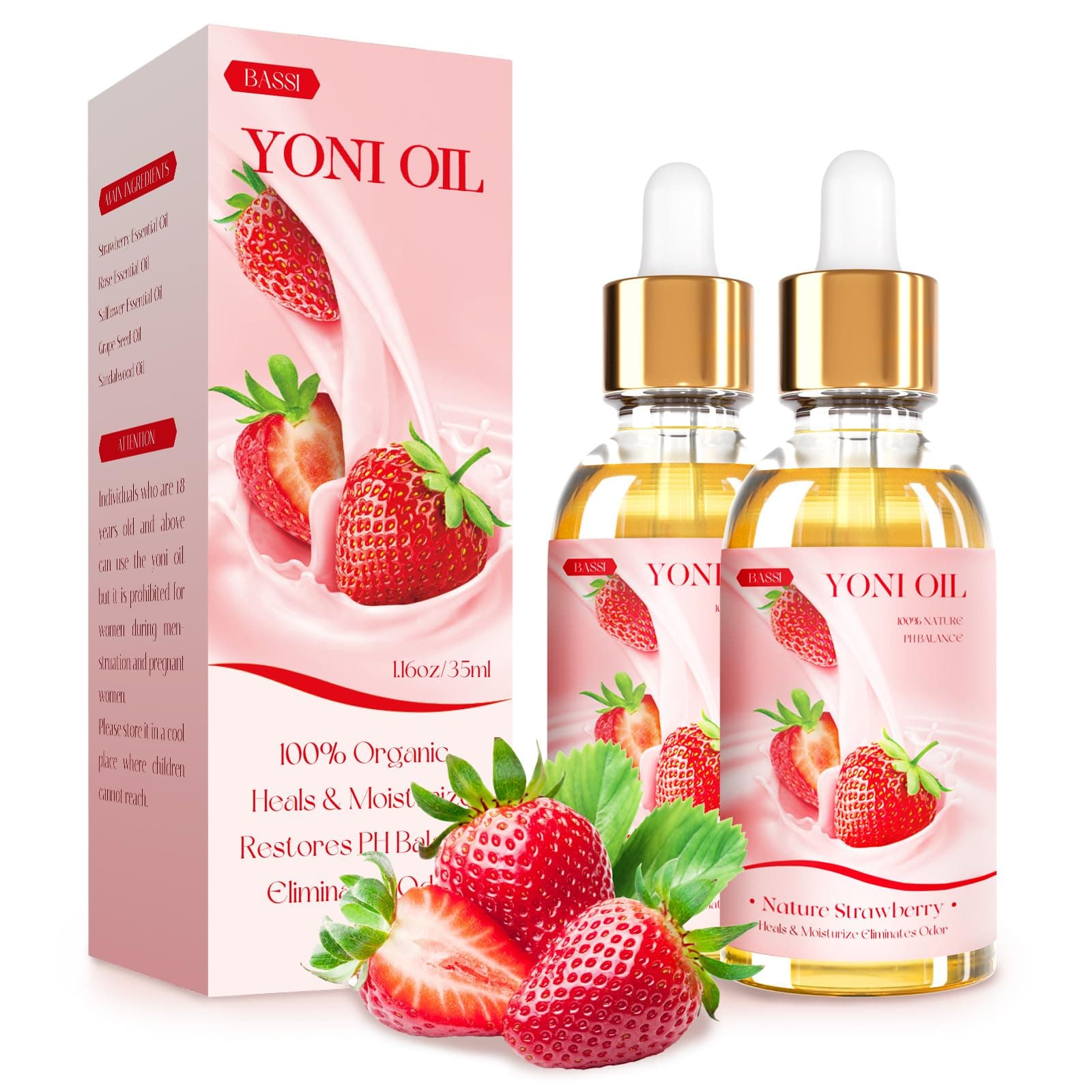 BASSI 2PCS Yoni Oil Organic Feminine Oil Vaginal Moisturizer - Ph Balance for Women - Feminine Deodorant - Eliminates Odor With Strawberry Essential Oil, All Natural Yoni Oil (Strawberry)