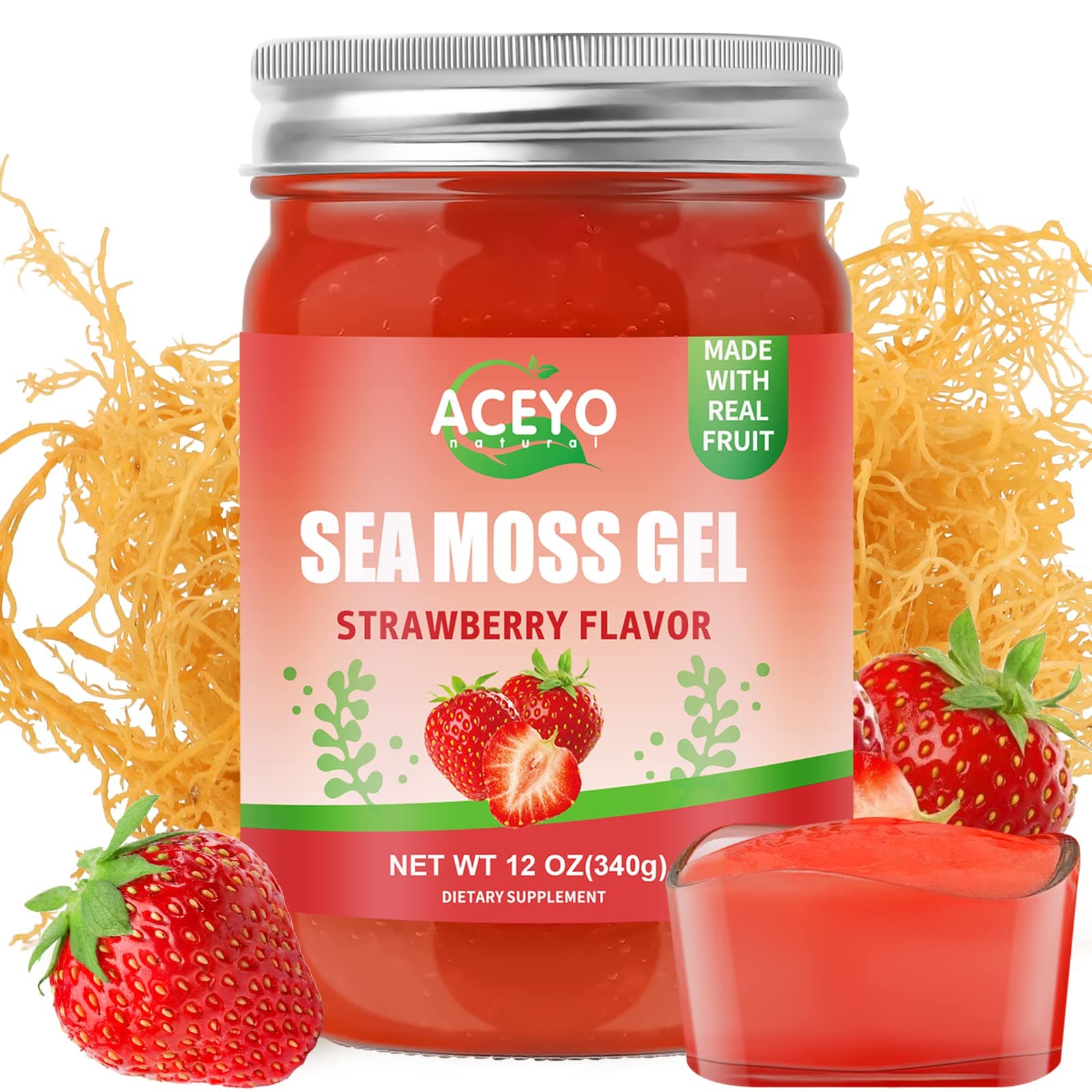 (12 OZ) Irish Sea Moss Gel Raw Vegan Strawberry Flavor 102 Vitamins and Minerals Wild Harvested Non-GMO Immune & Digestion Support