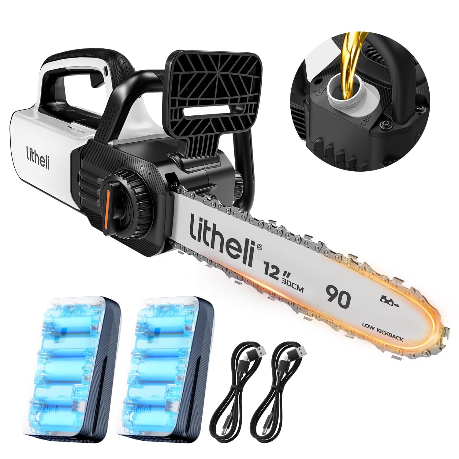 LiTHELi12" Brushless Chainsaw with 2 x 2.0Ah Battery，Handheld Electric Chain Saw Auto-Lubrication for Wood Cutting Pruning Yard Garden