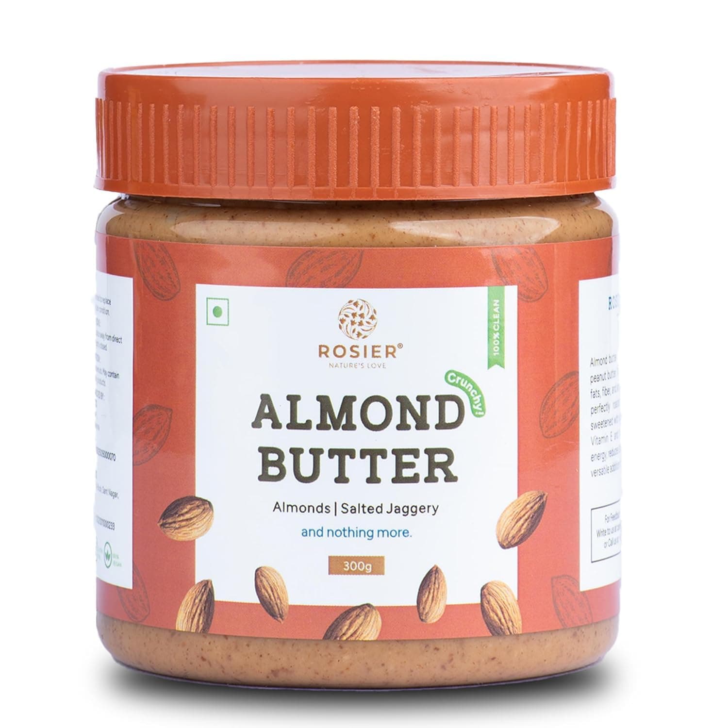 ROSIER Foods Almond Nut Butter | Crunchy | No Added Sugar | High Protein | Roasted Almonds Salted Jaggery, 300 gram