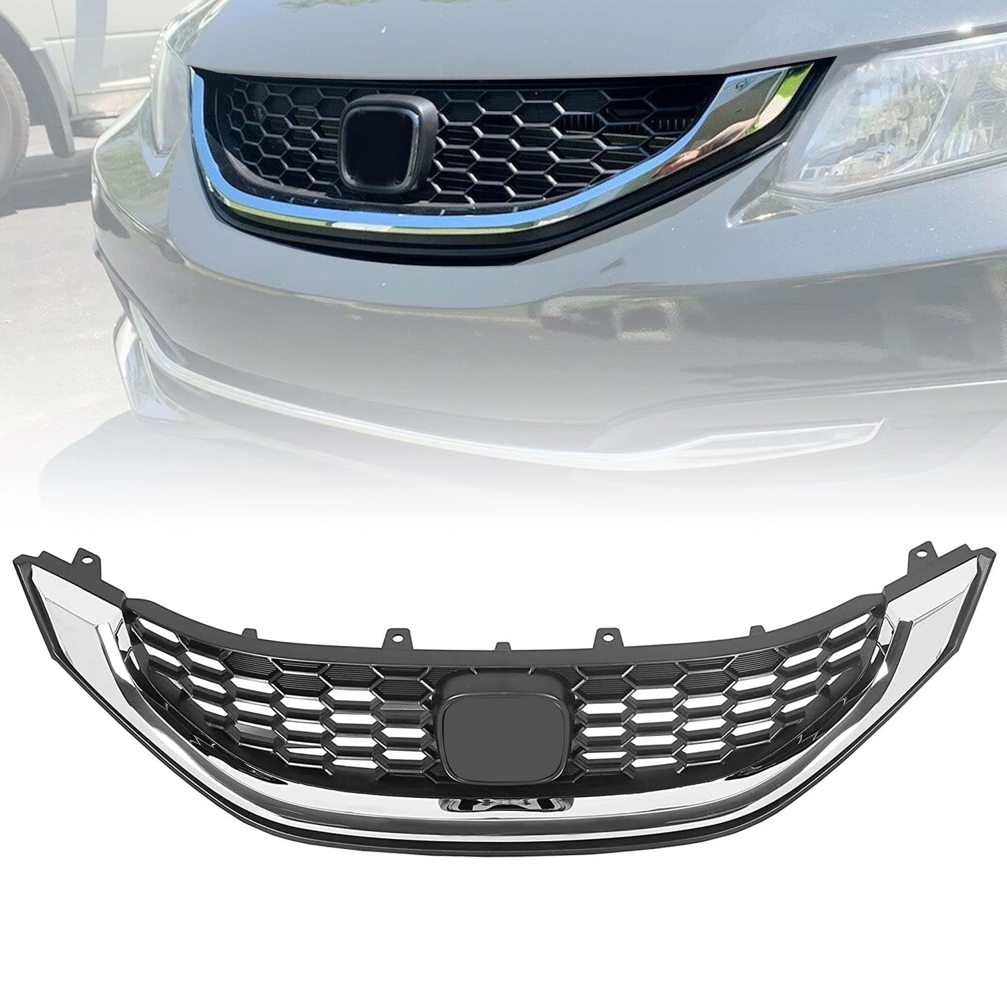 ECOTRIC Front Grill Compatible with 2013 2014 2015 Honda Civic Sedan HO1200216 HO1202109 71121TR3A01 71122TR3A01 Front Bumper Hood Grille W/Chrome Molding