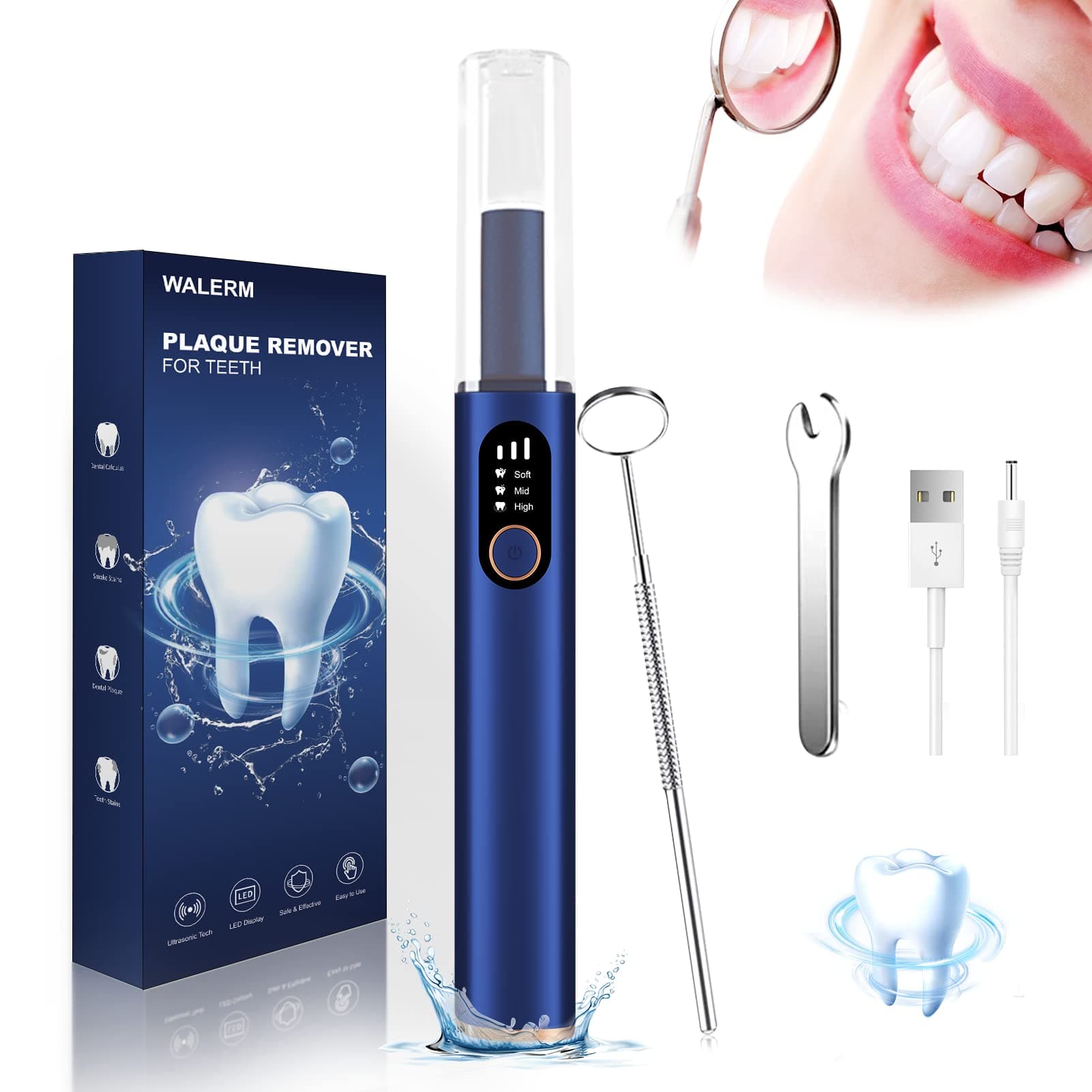 WALERM Plaque Remover for Teeth, Teeth Cleaning Plaque Removal with Light & Mirror, 3 Modes Rechargeable Teeth Cleaning Kit, IPX7 Waterproof/4 Heads for Home Use