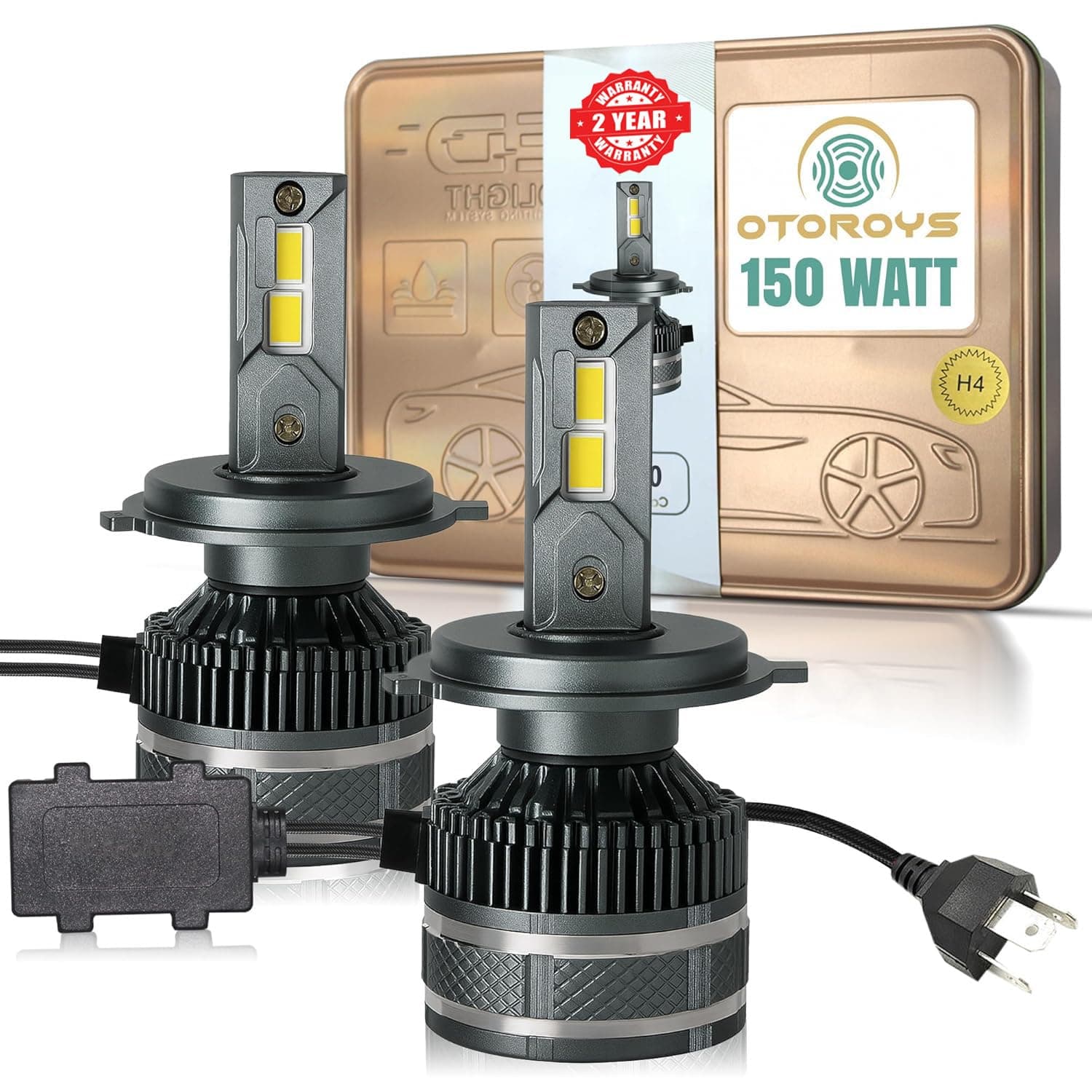 OTOROYS H4 LED Headlight Bulbs, 150W,15000 Lumens, Super Bright, 6500K, Auto Conversion Kit for Car, Set of 2,(2 Years Warranty)